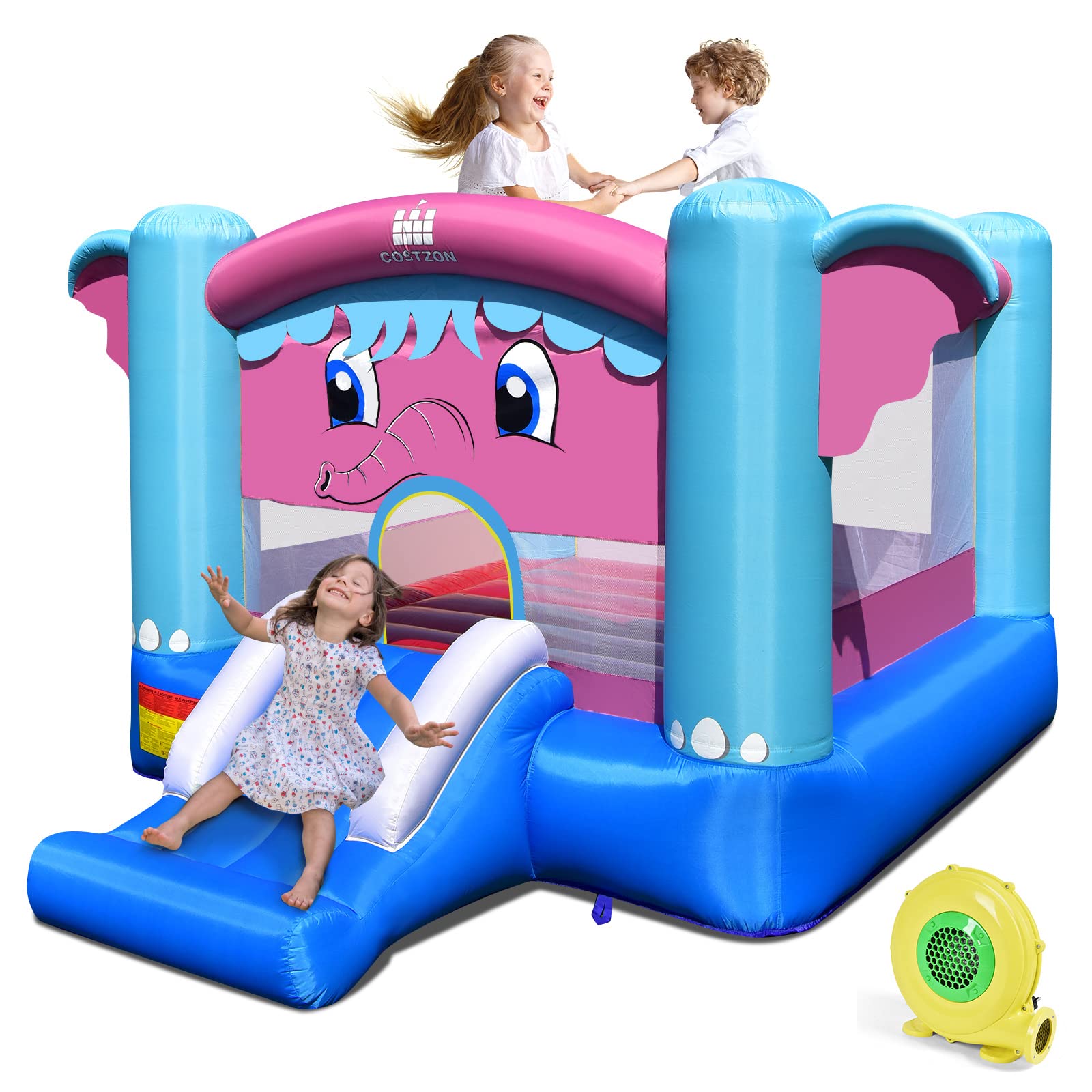 Costzon Inflatable Bounce House with 480W Blower - Elephant Theme Bouncy Castle for Kids Indoor/Outdoor Play, Birthday Parties & Backyard Fun | Includes Basketball Hoop | Portable Toddler Jumping Castle for Family Gatherings & Outdoor Activities