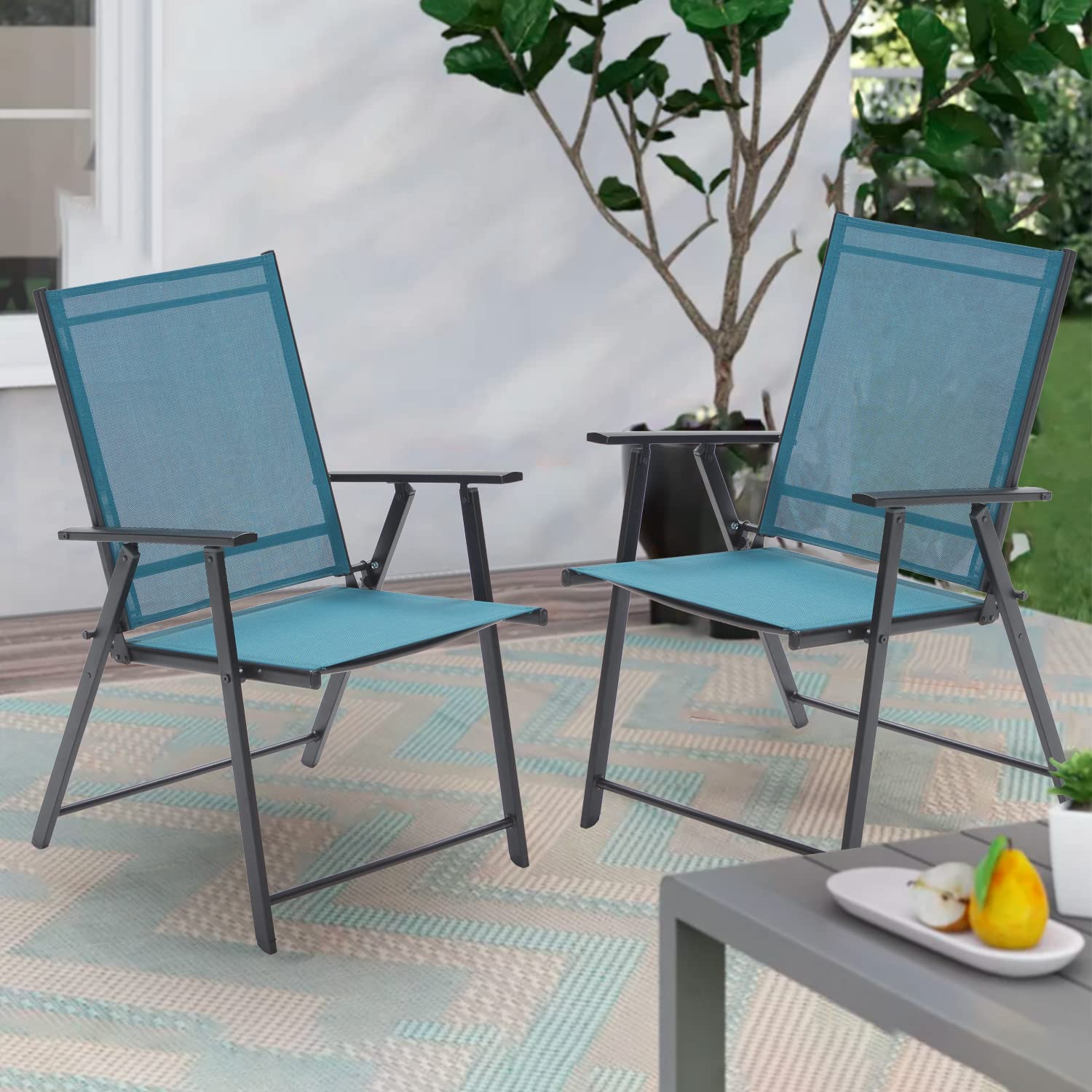 VICLLAX 2-Pack Outdoor Folding Patio Chairs with Arms - Portable Garden Dining Chairs with Sling Back Design for Patio, Deck, Poolside & Backyard Relaxation