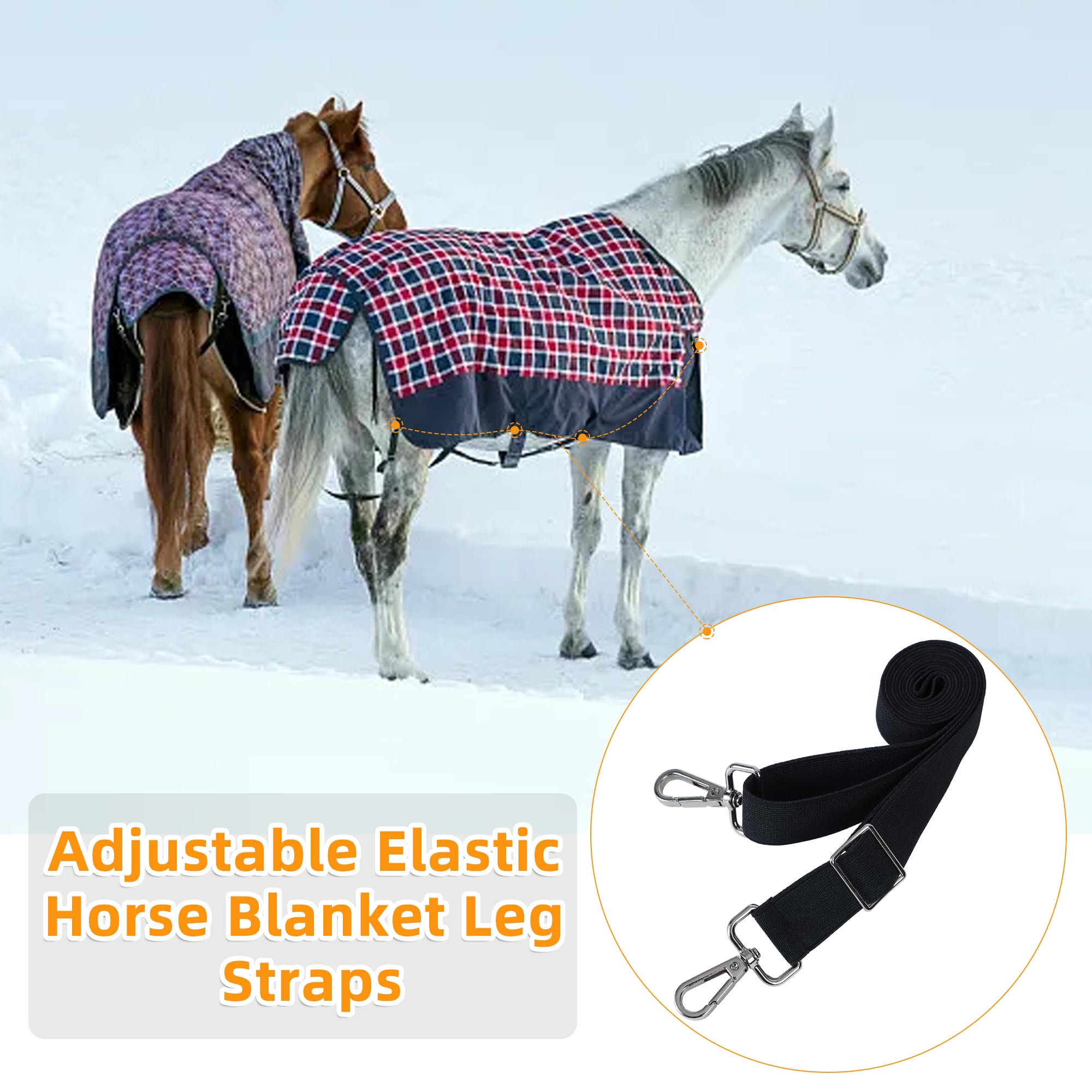 Adjustable Elastic Horse Blanket Leg Straps with Metal Double Swivel Snaps - Stretchy Replacement Belly Straps for Winter Horse Blankets (Black, 4 Pieces) - Perfect for Securing Horse Blankets in Cold Weather & Preventing Slippage During Riding or Turnout