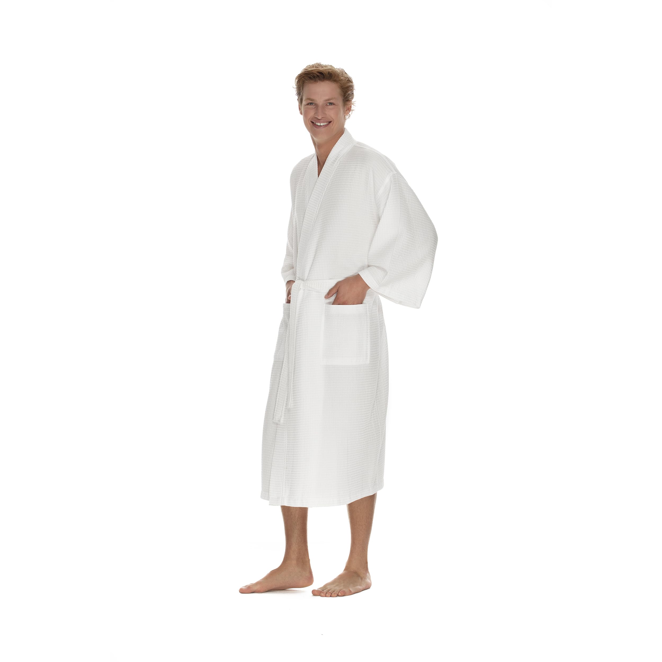 BOCA TERRY Men's Waffle Knit Spa Robe - Lightweight Long Cotton Kimono Bathrobe for Hotel & Home Relaxation, Lounge Wear, Spa Days and Cozy Evenings