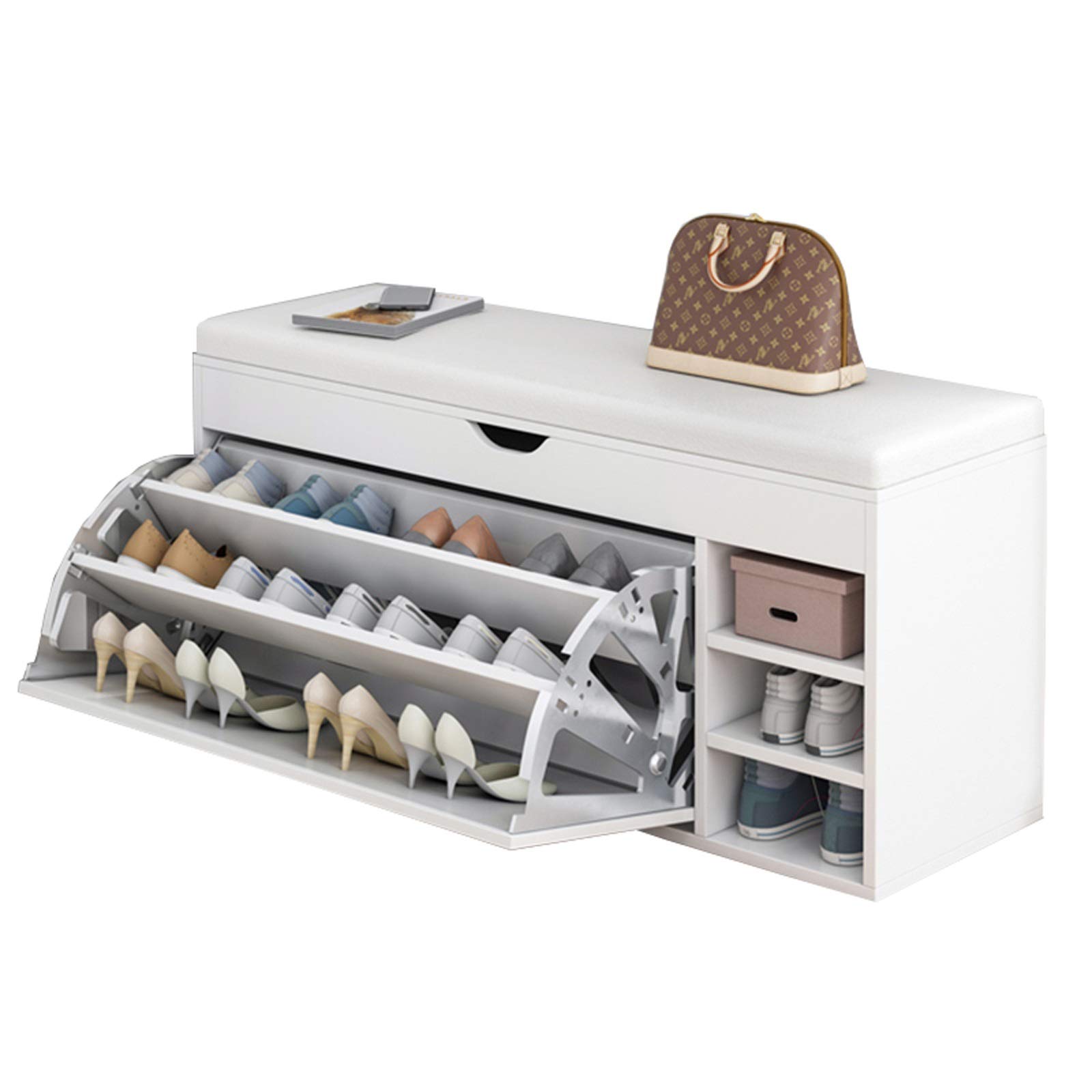 White Flip Shoe Rack with Cushion & Hidden Storage Drawer - 100x34x50cm Shoe Bench Cabinet for Living Room, Hallway, Bedroom - Organize Shoes Neatly in Entryway, Closet or Mudroom - MUMUJIN