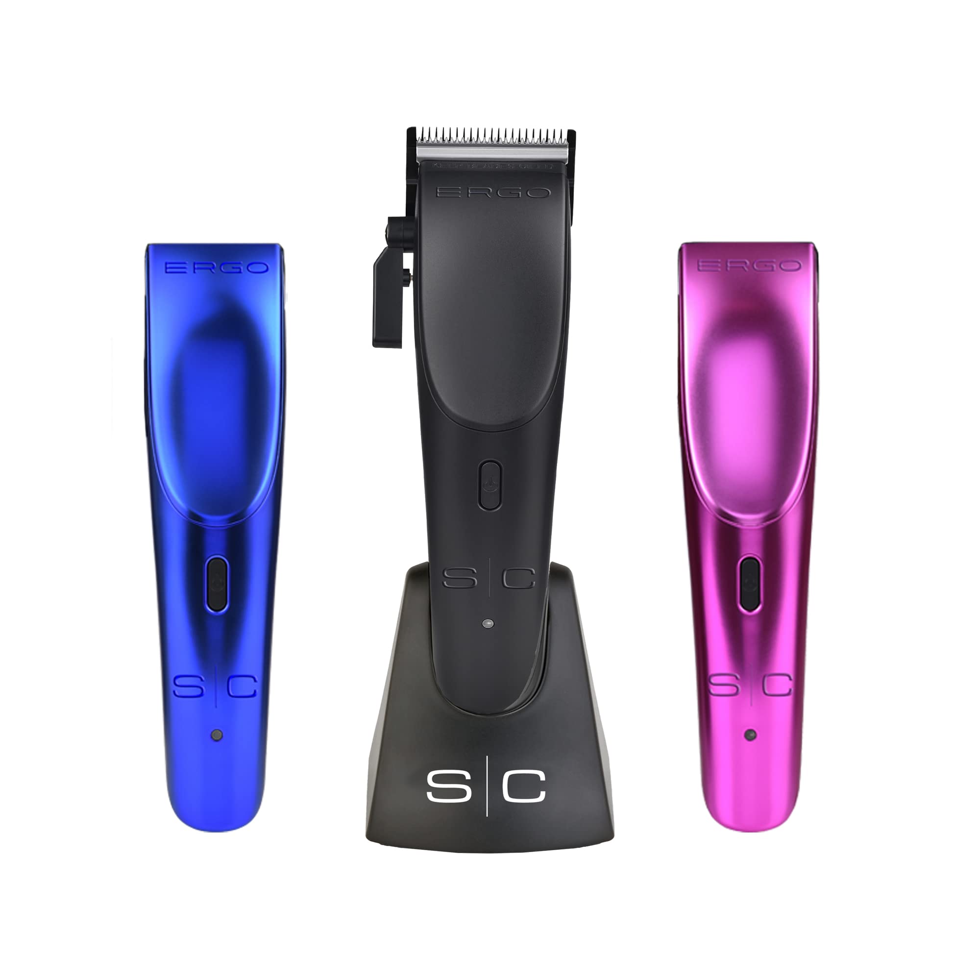 StyleCraft Ergo Professional Microchipped Magnetic Hair Clipper Set - 5 Guard Combs, Charging Stand & 3 Customizable Lids (Black, Pink, Blue) | For Men's & Women's Haircut, Beard Trimming & Pet Grooming at Home or Salon