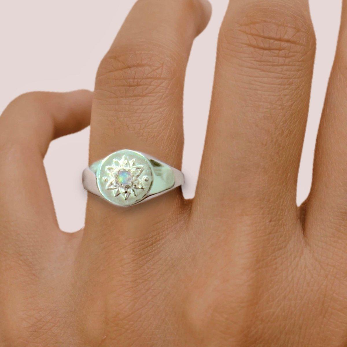 Laihas Intricate Vera May Sterling Silver Signet Ring with Genuine Opal - Elegant Jewelry for Women, Perfect for Weddings, Parties & Everyday Wear