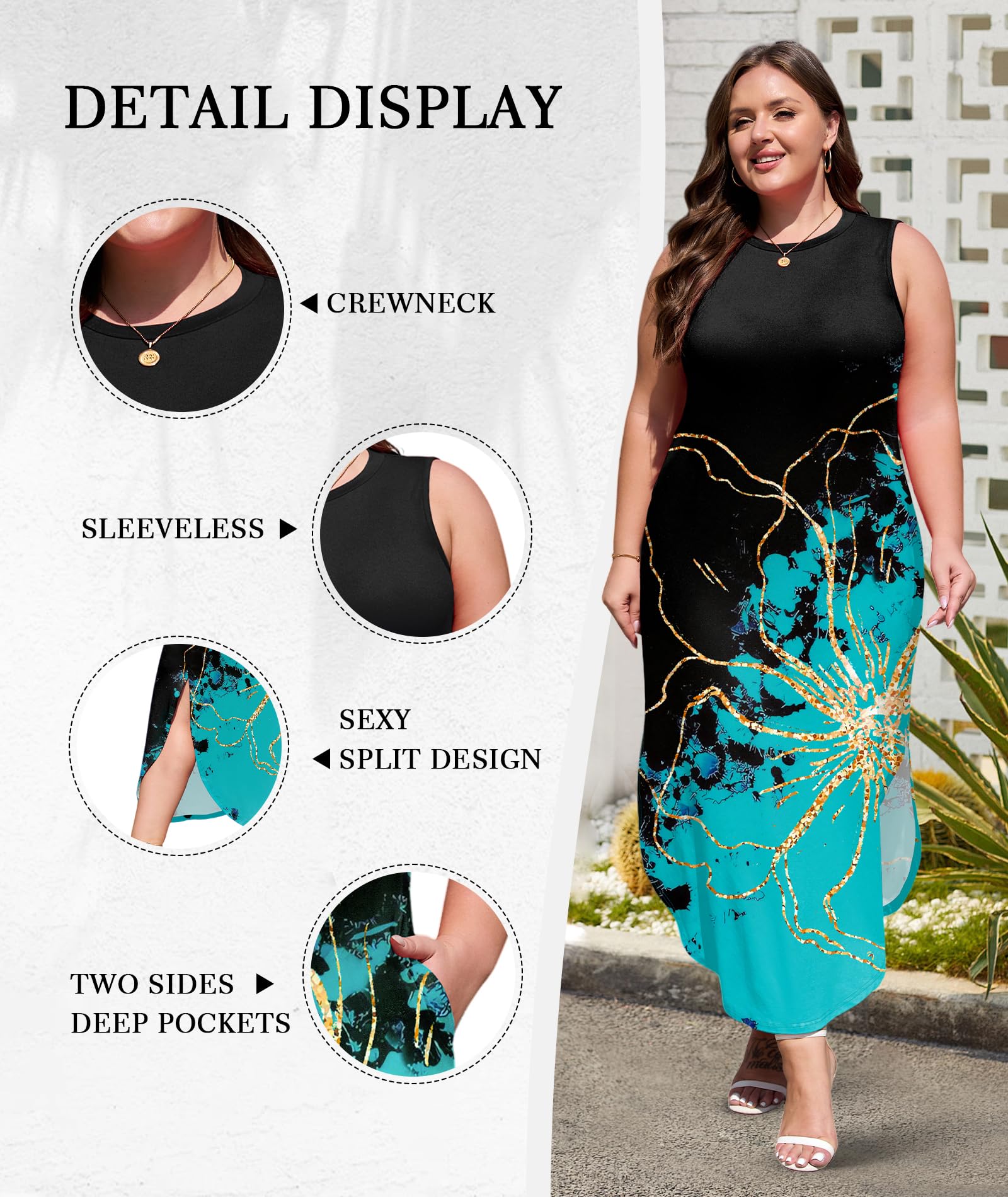 Wolddress Women's 2025 Plus Size Sleeveless Tank Dress - Casual Loose Flowy Sundress with Side Slits & Pockets - Summer Beach Maxi Dress for Vacation, Pool Party & Outdoor Activities