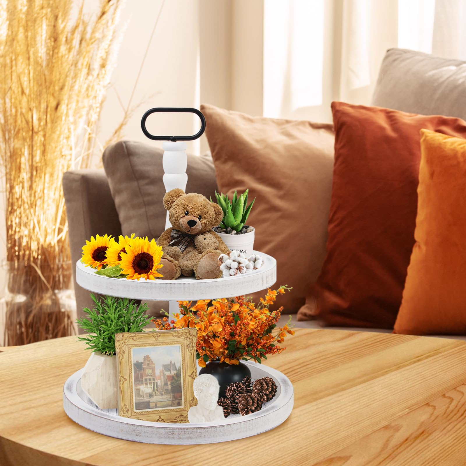 2-Tier Wooden Serving Tray Stand - Rustic Farmhouse Coffee Bar Decor for Kitchen, Dining Table & Home Display - White Wooden Display Tray for Desserts, Plants & Decorative Arrangements