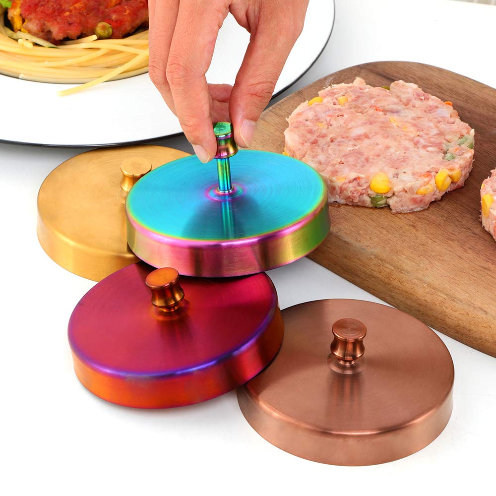 Stainless Steel Hamburger Press Maker - Round Shape Kitchen Tool for Beef & Stuffed Burgers - Perfect for BBQ, Grilling & Home Cooking (Rainbow Color)