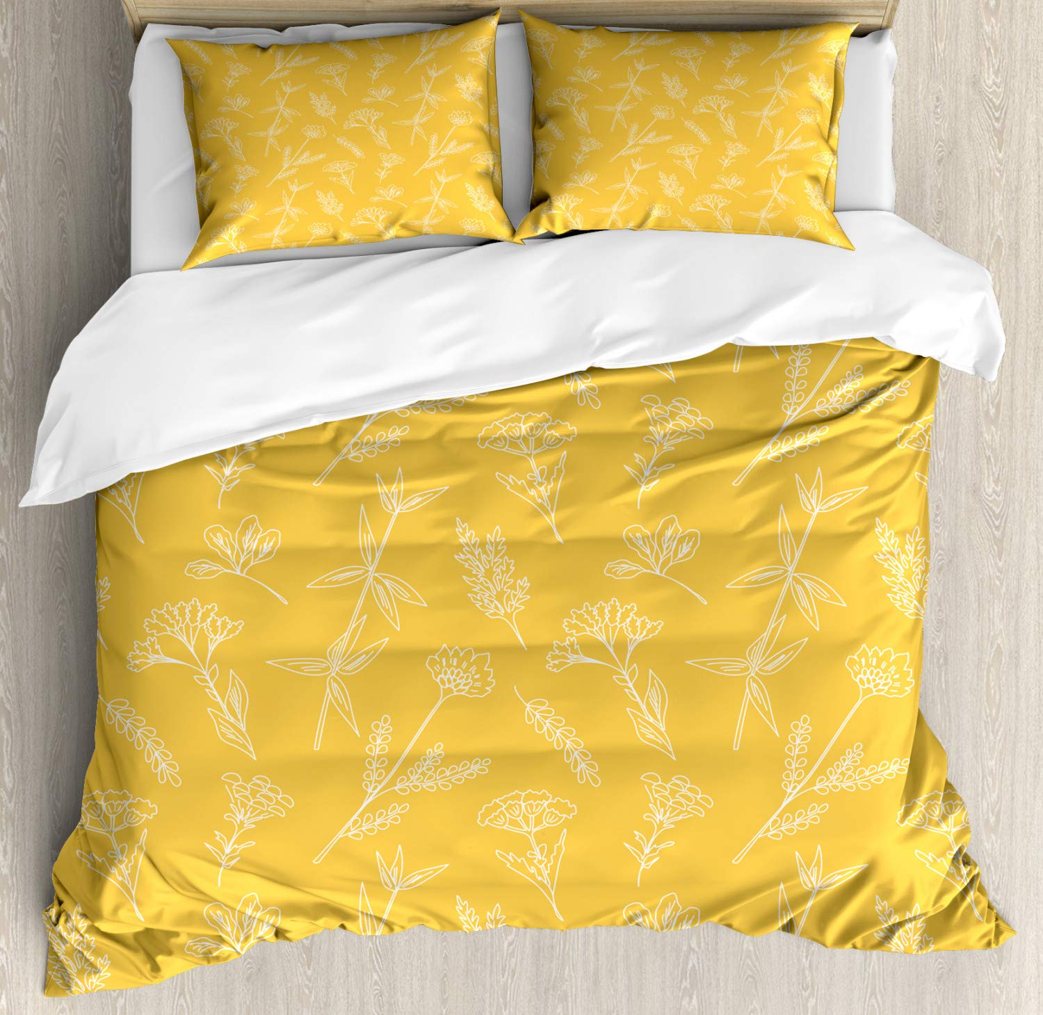 Ambesonne Floral Duvet Cover Set Queen Size - Botanical Forest Wildflowers Outline Pattern, 3 Piece Bedding Set with 2 Pillow Shams in Mustard & White - Perfect for Bohemian & Nature-Inspired Bedroom Decor