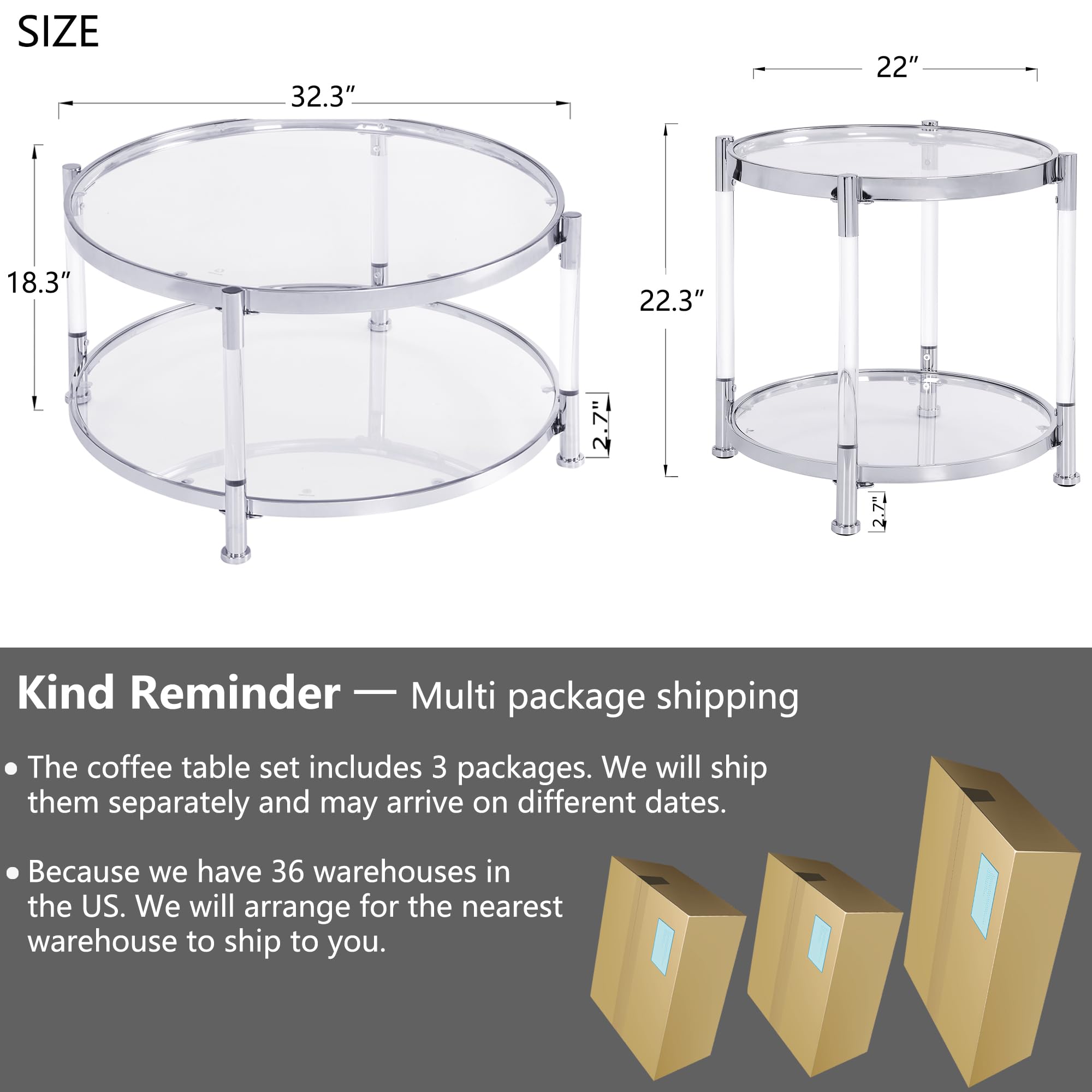 Modern 3-Piece Glass Coffee Table Set with Chrome Base & Tempered Glass Top - Round Side & End Tables for Living Room, Bedroom - Durable Acrylic Legs, Silver Finish - Perfect for Small Spaces, Home Decor & Entertaining Guests