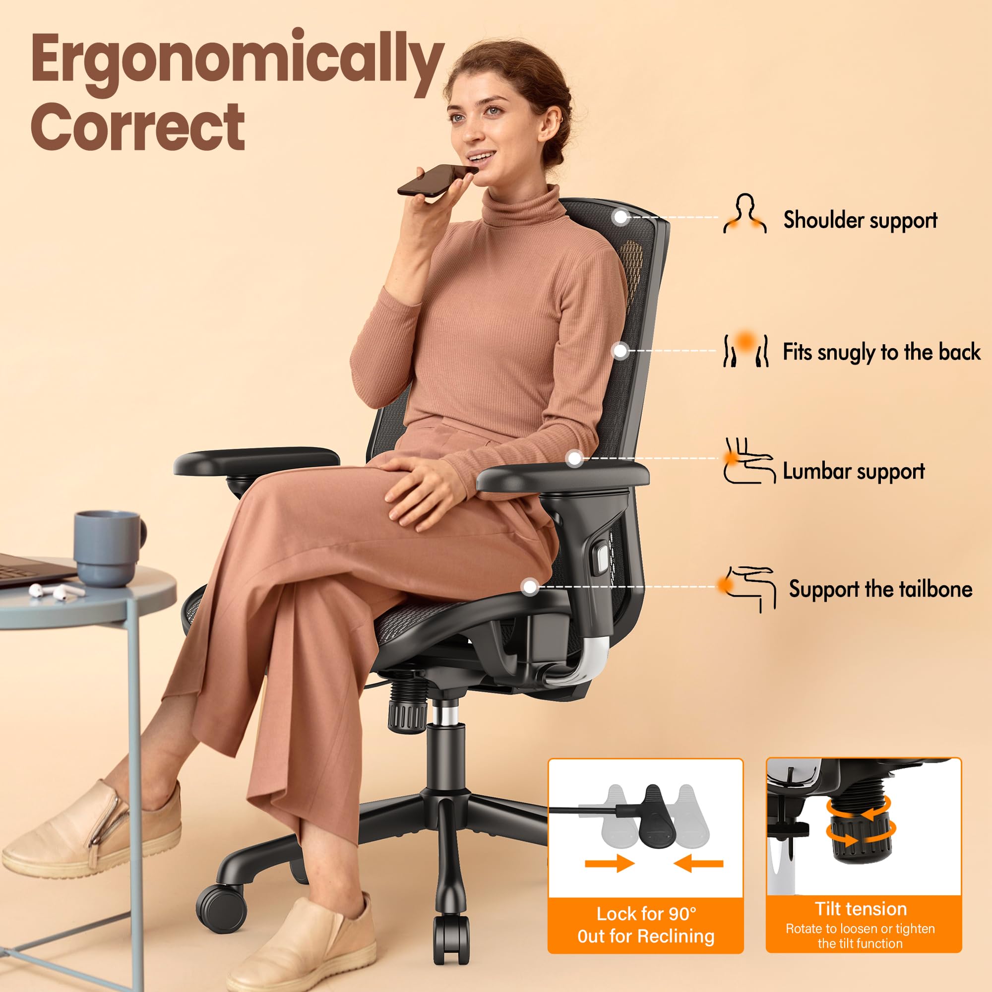 Ergonomic Office Chair - High Back Swivel Computer Gaming Desk Chair with Adjustable Lumbar Support & Armrests, Breathable Mesh Backrest, 3-Position Tilt Function - Perfect for Home Office, Gaming & Workspaces (Black)