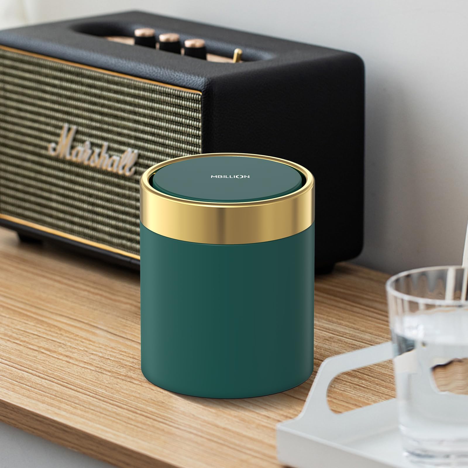 Mini Stainless Steel Trash Can with Lid - 0.4 Gallon/1.5L Small Metal Garbage Bin for Office, Bedroom, Bathroom & Kitchen Countertop - Dark Green Desktop Recycling Waste Basket for Home & Office Use - Perfect for Desks, Nightstands, Vanities and Small Spaces