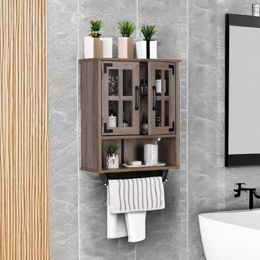Rustic Wood Wall Storage Cabinet with Cross Glass Doors - Farmhouse Wall Mounted Bathroom Cabinet with 3 Adjustable Shelves & Towel Bar - Washed Oak Finish for Bathroom, Living Room & Kitchen Organization