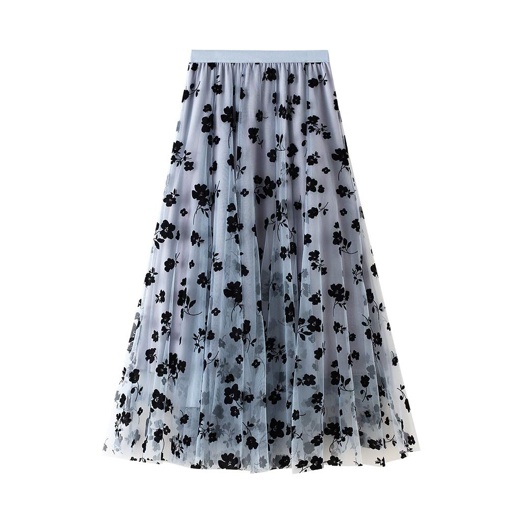 SPNEC Women's Floral Tulle Midi Skirt - High Waist Elastic A-Line Layered Mesh Skirt with Flower Print for Spring | Perfect for Weddings, Parties & Casual Outfits