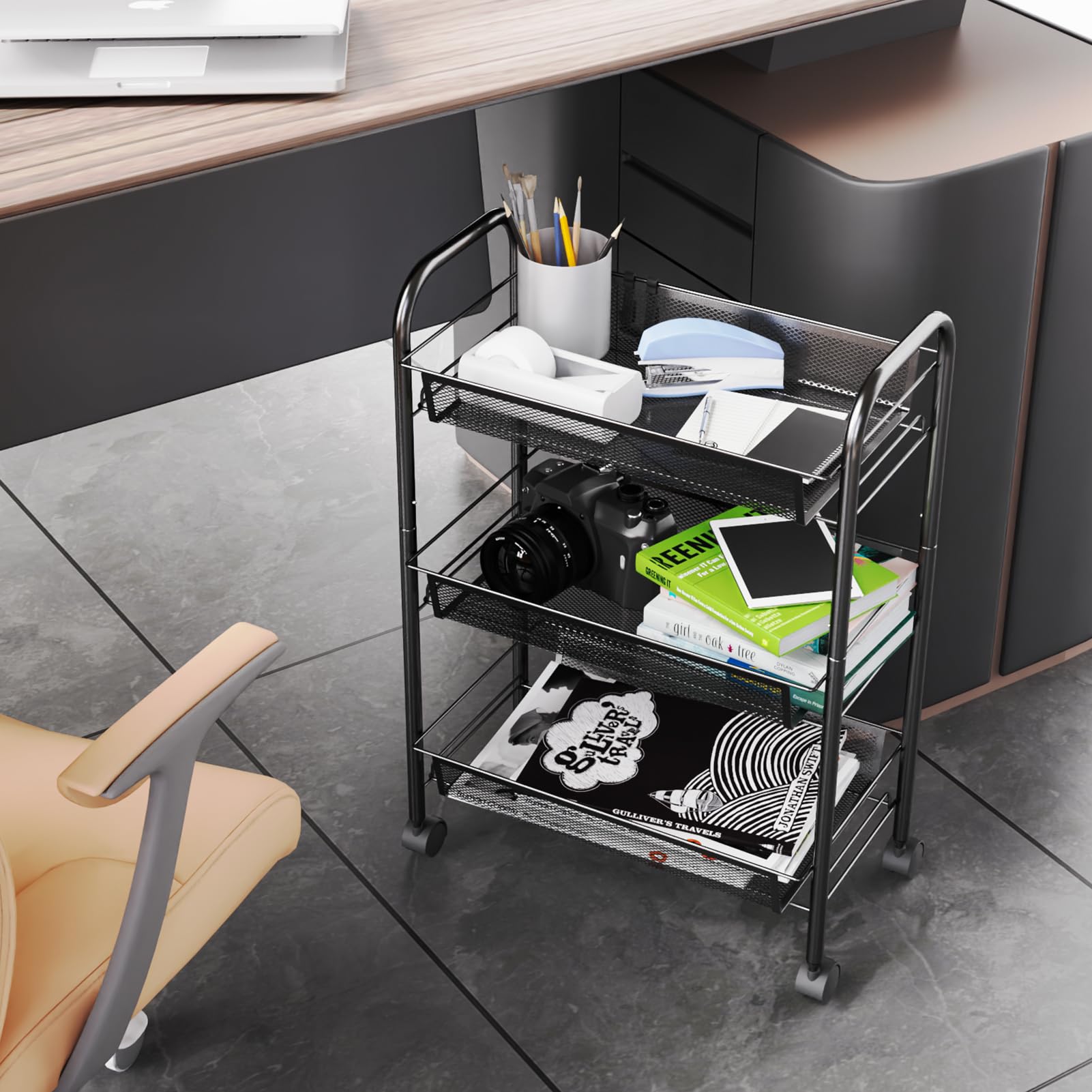 WELDUN 3-Tier Rolling Kitchen Cart with Metal Shelves & Handle - Mobile Storage Organizer for Kitchen, Bathroom, Bedroom & Office (Black) | Perfect for Small Space Organization & Home Storage Solutions