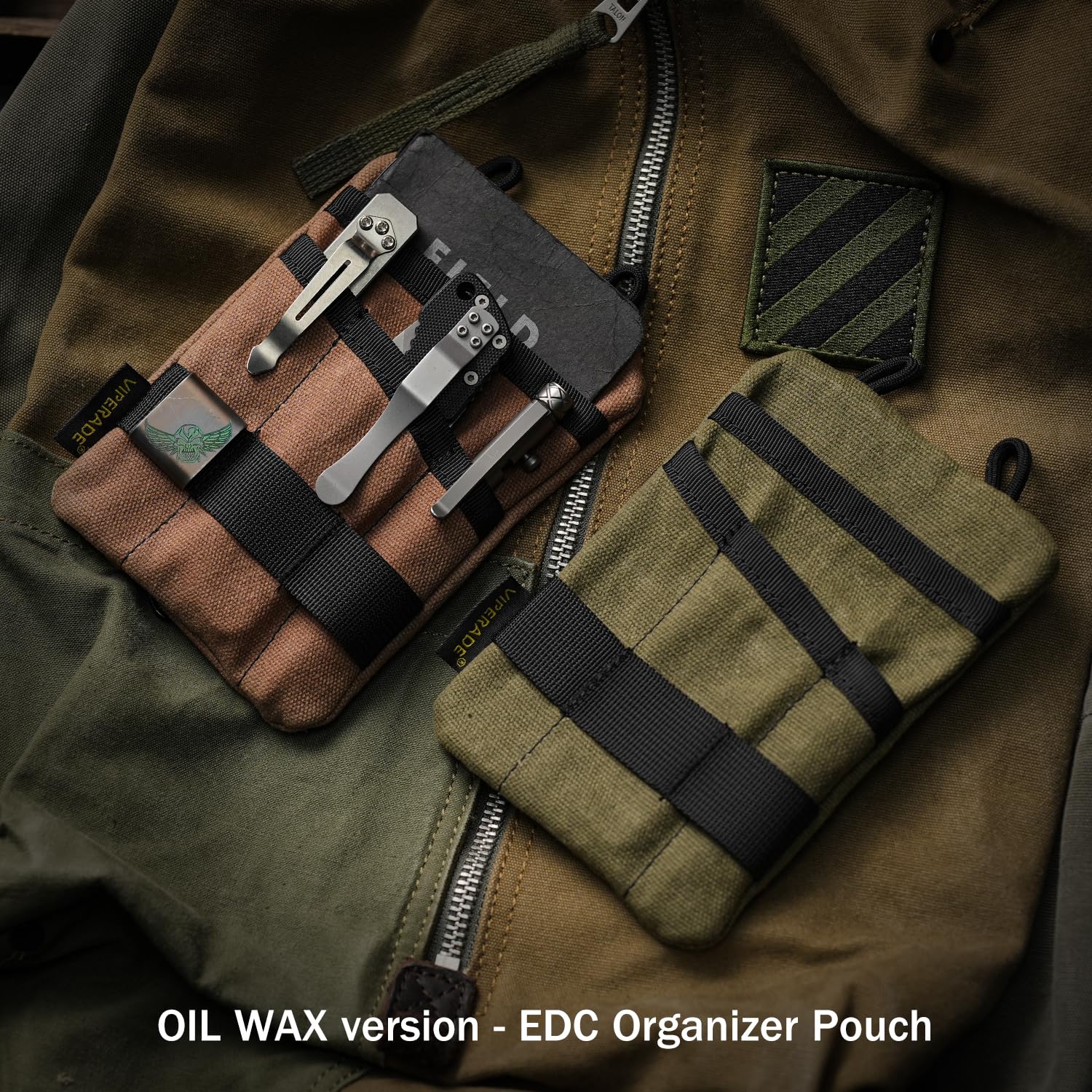 Viperade VE1-OW Waxed Canvas EDC Pouch Organizer for Men - 3 Tool Slots & Zipper Pocket - Perfect for Everyday Carry Gear, Tactical Accessories & Outdoor Adventures