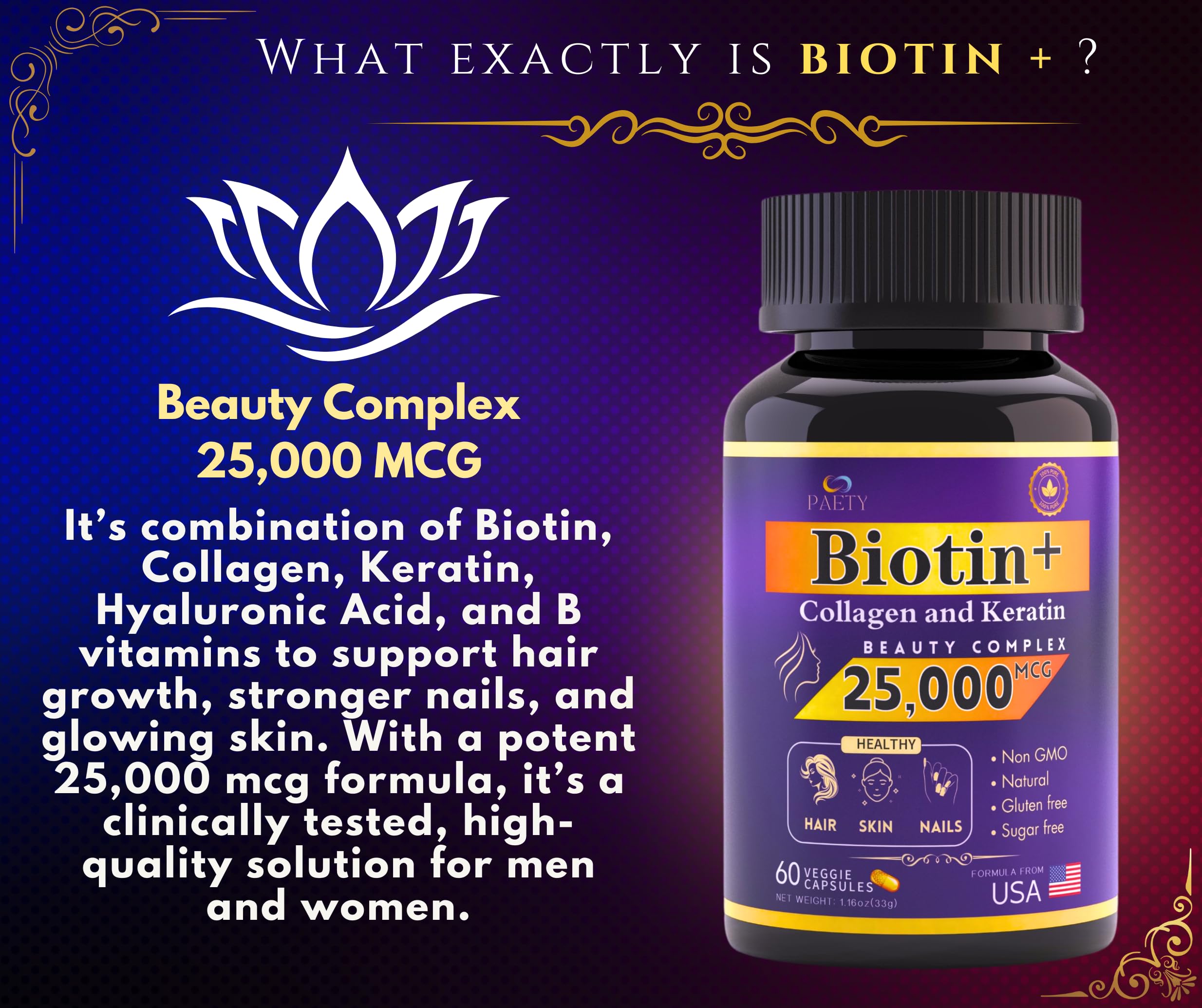 Biotin Collagen Keratin Complex 25000mcg with Hyaluronic Acid & B Vitamins - Clinically Proven Hair Skin & Nails Supplement - 60 Capsules for Women & Men - Promotes Healthy Hair Growth, Glowing Skin & Strong Nails - Perfect for Daily Beauty Routine & Anti-Aging Care