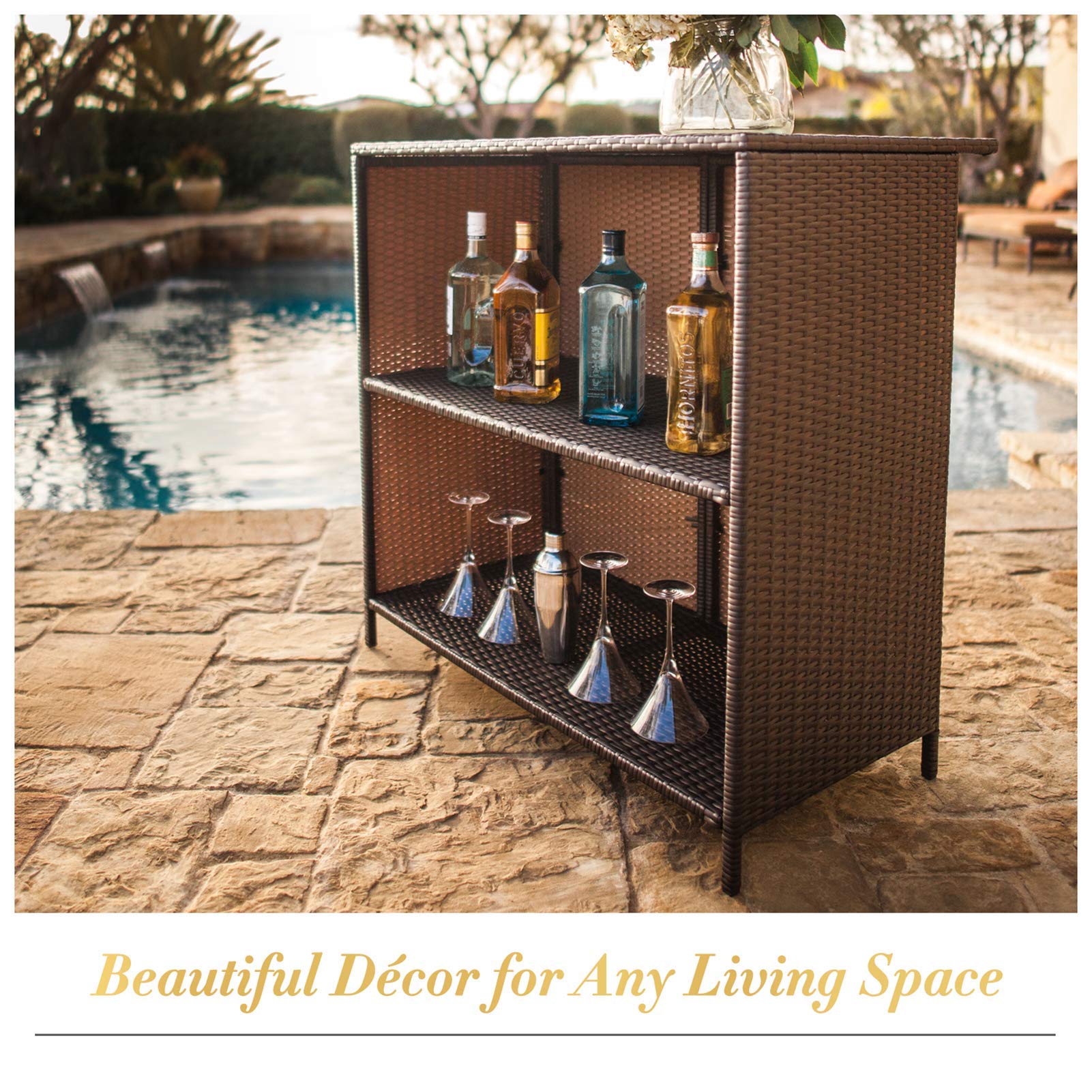 SUNCROWN 3-Piece Outdoor Bar Set - Rattan Wicker Patio Furniture with Glass Table, 2 Stools & Cushions + 9 FT Umbrella - Perfect for Backyard, Garden, Poolside & Outdoor Entertaining (Brown)
