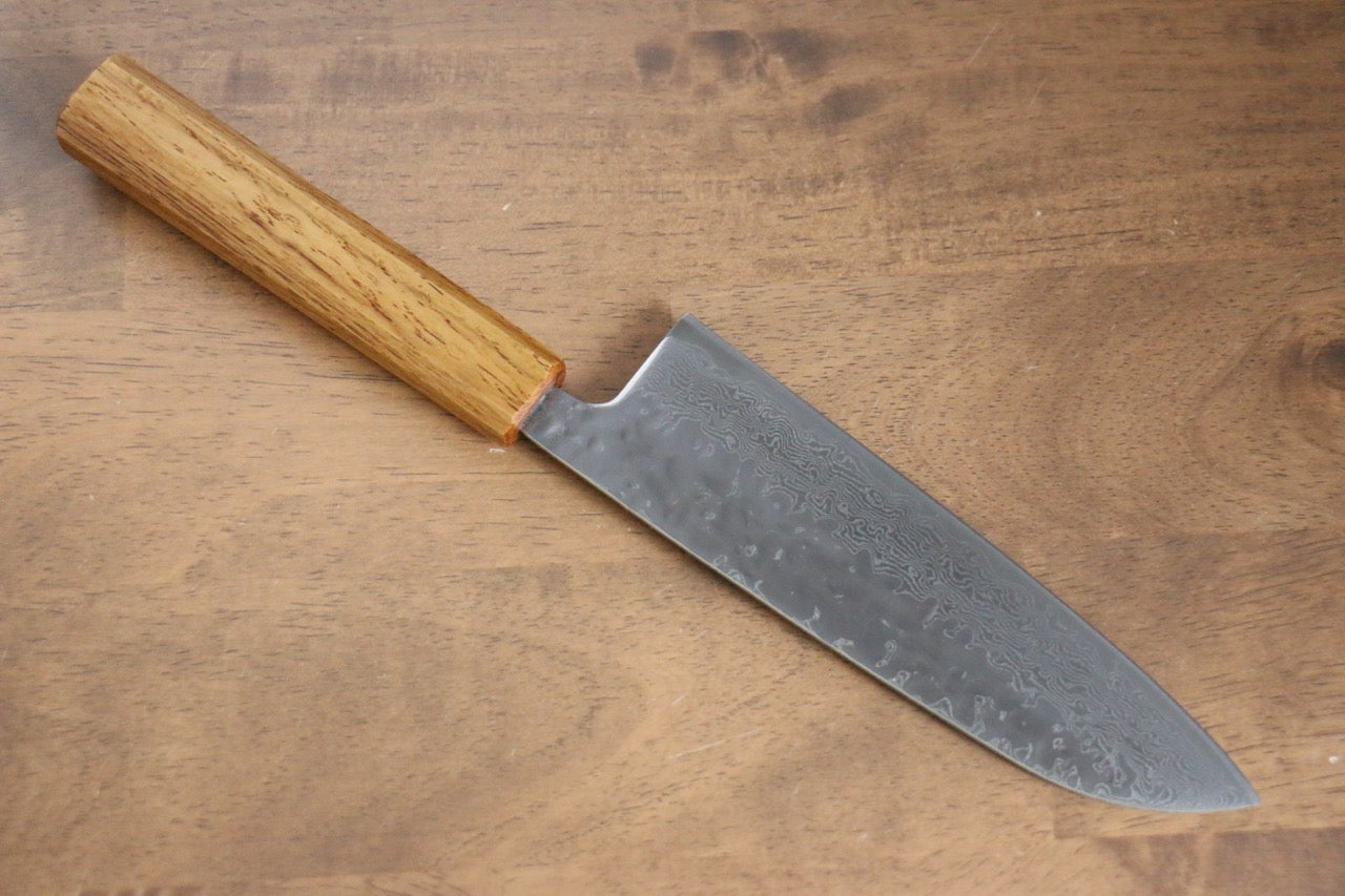 Premium AUS10 Damascus Santoku Knife 170mm - Handcrafted Hammered Finish with Oak Handle - Perfect for Slicing, Dicing, and Chopping Vegetables, Meat, and Fish in Professional Kitchens & Home Cooking