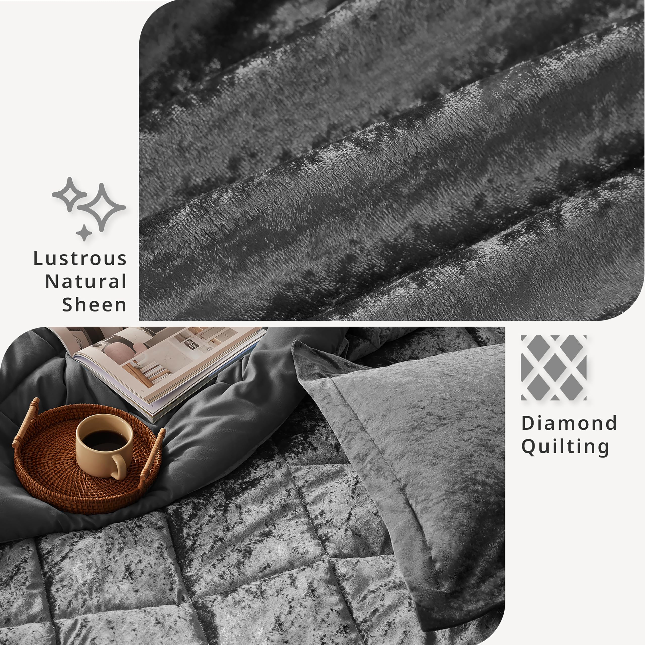 Luxury Velvet Queen Duvet Cover Set - Diamond Quilting Grey Bedding with Decorative Pillow & 2 Shams (4-Piece) - Soft Fluffy Comforter Cover for Full/Queen Bed - Perfect for Master Bedroom, Guest Room & Cozy Winter Nights