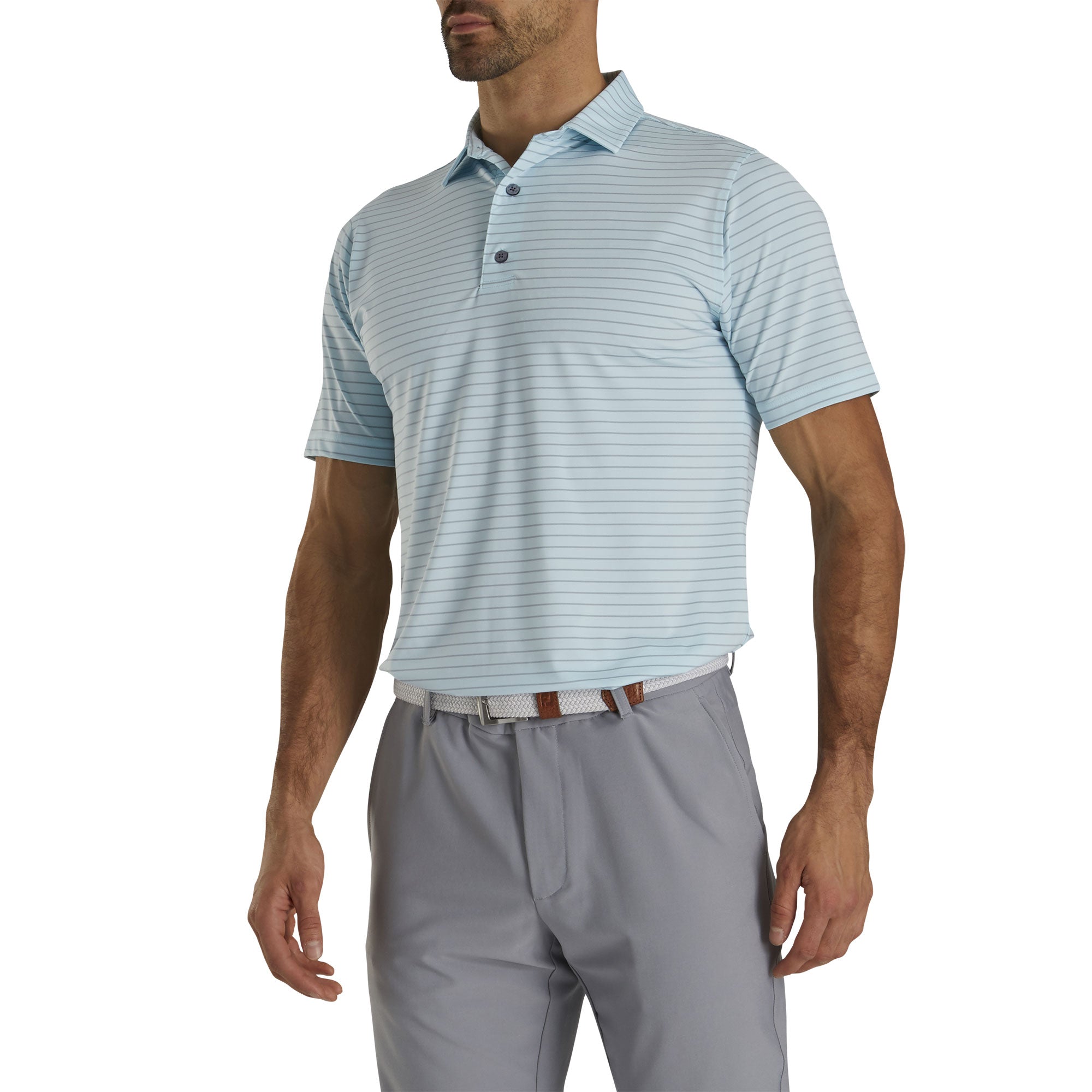 FootJoy Men's Athletic Fit Lisle Classic Stripe Golf Polo Shirt - Ice Blue Color, Moisture-Wicking & Breathable Fabric for Comfort on the Golf Course | Perfect for Summer Golf Tournaments & Casual Wear