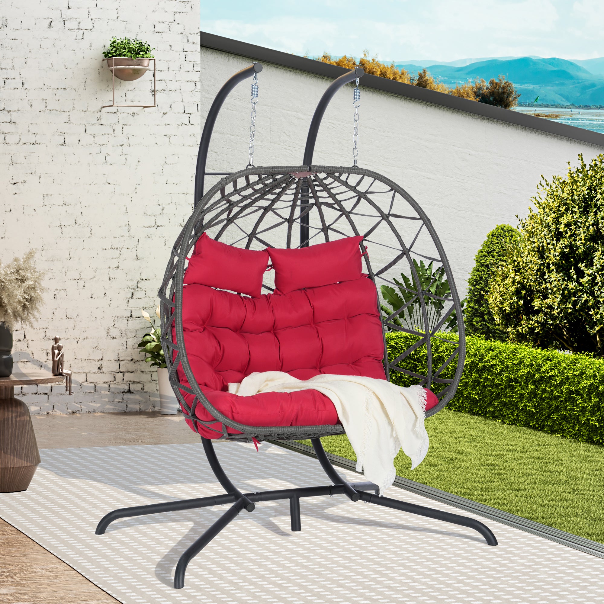Double Egg Chair with Stand - Indoor/Outdoor Wicker Rattan Swing Chair with UV-Resistant Cushions (600 lbs Capacity) - Perfect for Bedroom, Balcony, Patio, Garden & Backyard Relaxation