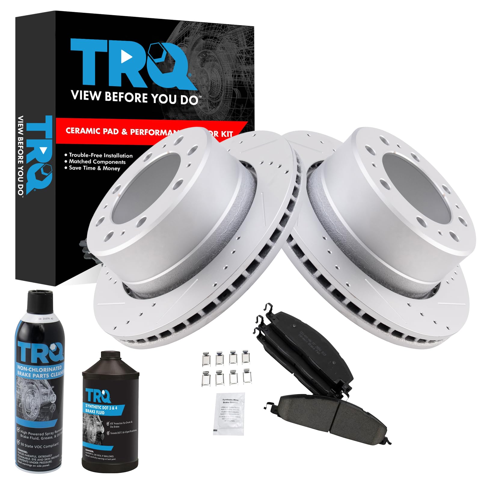 TRQ Rear Ceramic Brake Pads & Performance Rotors with Brake Fluid Kit for Ram 1500/2500/3500 Trucks - High Performance Braking System for Towing & Heavy Duty Use