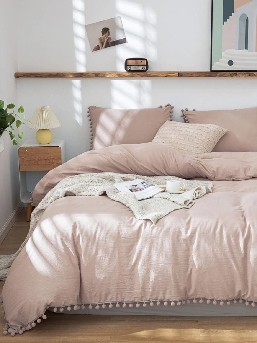 Boho Duvet Cover Set - King/Queen Size Beige Tassel Bedding for Cozy Bedroom