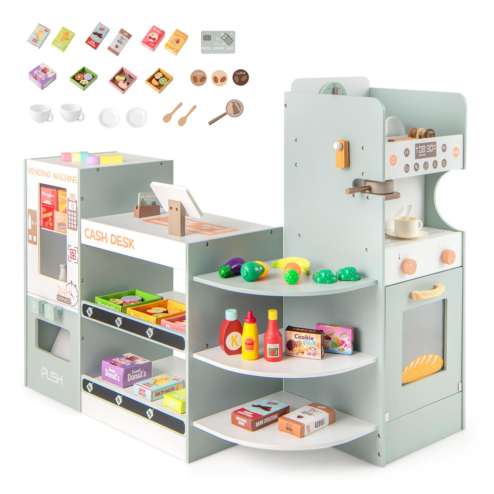 INFANS Wooden Grocery Store Playset for Kids - Supermarket Pretend Play with Cash Register, Coffee Machine, Vending Machine & Play Food Accessories - Educational Toy Gift for Toddler Boys & Girls - Perfect for Role Play, Classroom Learning & Birthday Gifts