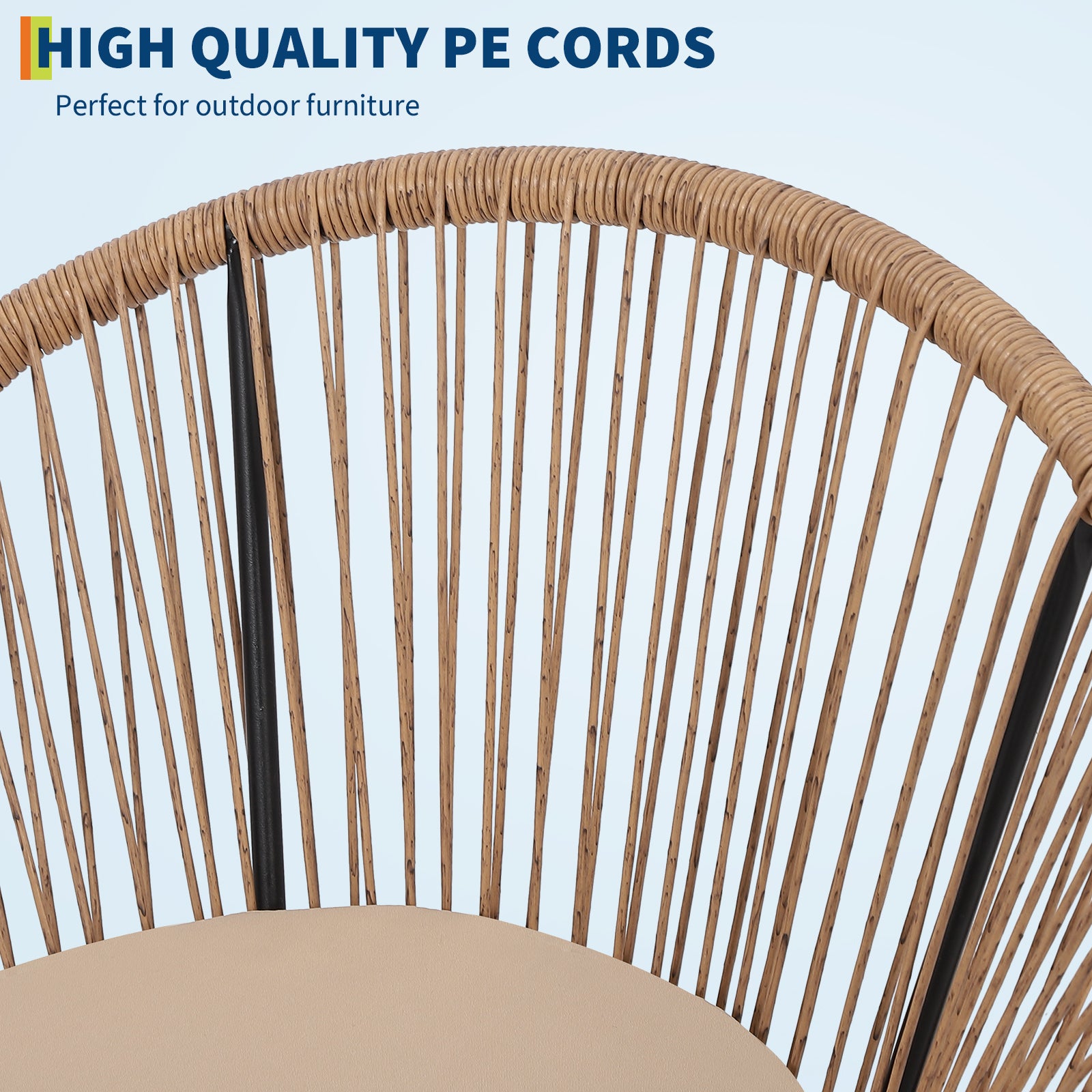 GARVEE 3-Piece Acapulco Chair Set - All-Weather Modern Outdoor Patio Furniture with Cushions, Plastic Rope Woven Design, Glass Top Table & 2 Chairs - Brown Bistro Conversation Set for Garden, Poolside & Backyard Relaxation