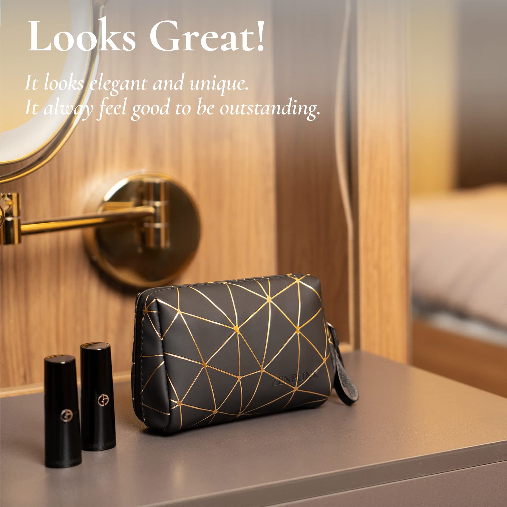 Mini Makeup Bag for Purse | PU Leather Cosmetic Organizer | Travel Makeup Pouch | Waterproof Portable Cosmetic Case for Women & Girls (Black & Gold) | Perfect for Travel, Gym & Everyday Use