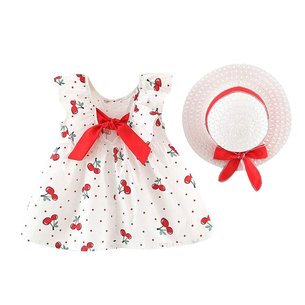 Youmymine Toddler Baby Girls Sleeveless Cherry Print Princess Dress with Bow Hat Outfit Set - Perfect for Birthday Parties, Photo Shoots & Summer Playdates