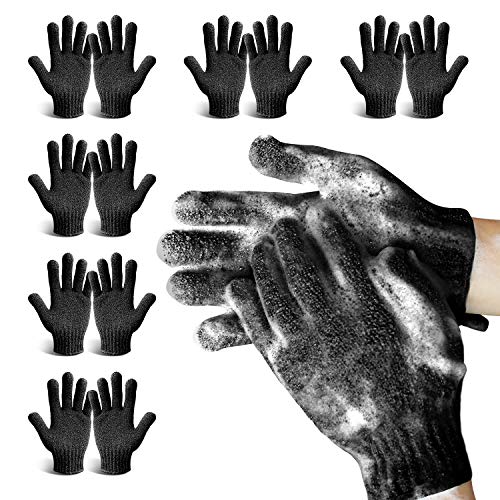 Premium Exfoliating Shower Gloves for Men & Women - 6 Pairs Nylon Bath Gloves with Hanging Loop for Dead Skin Removal, Spa Massage & Body Scrub - Ideal for Daily Shower, Dry Brushing & Korean Exfoliation Routine (Black, Regular Size)