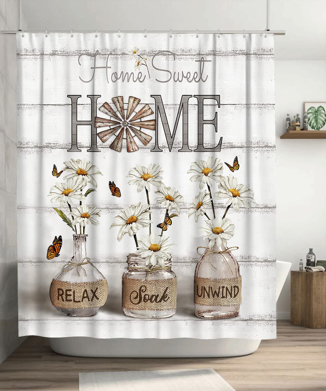 Farmhouse Daisy Shower Curtain - White Floral Bathroom Decor, Waterproof Polyester Fabric 60x72 Inch - Perfect for Rustic, Country & Neutral Bathroom Themes