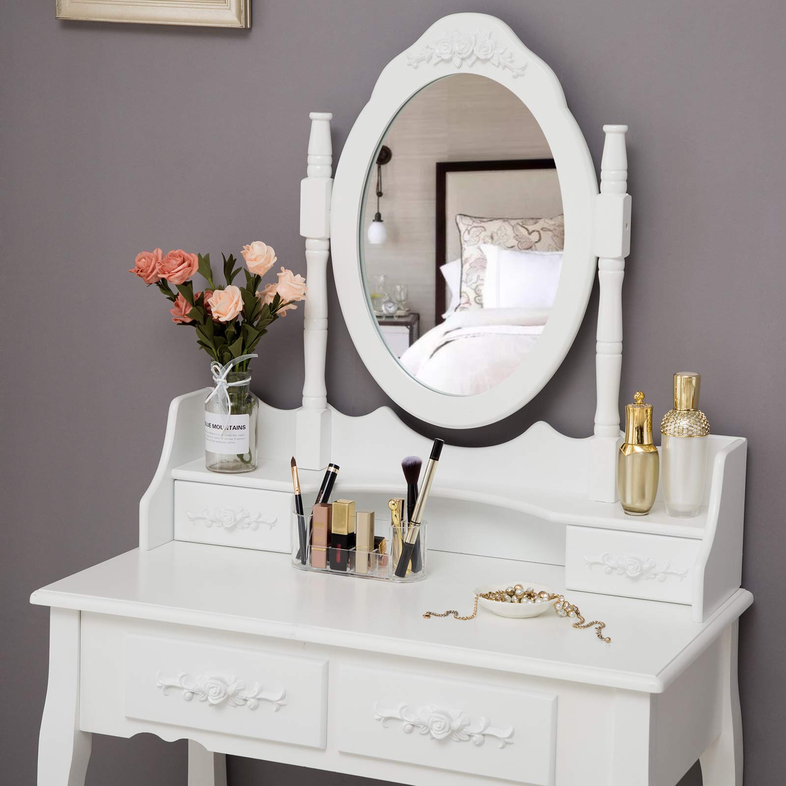 HONBAY White Makeup Vanity Table Set with Oval Mirror, 4 Drawers & Cushioned Stool - Perfect Dressing Table for Bedroom, Bathroom, or Beauty Salon
