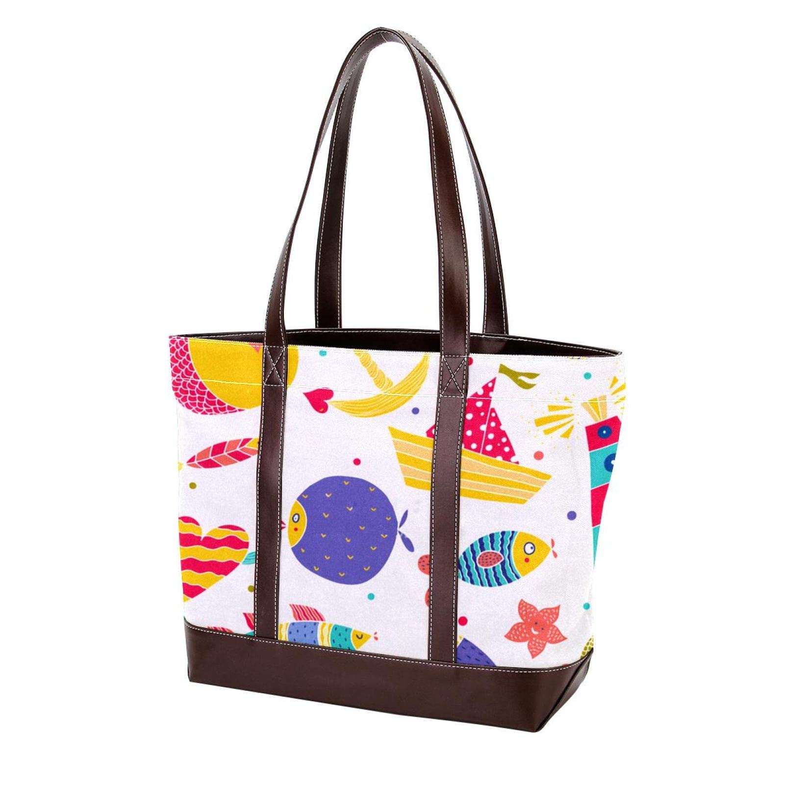 Stylish Women's Tote Bag - Waterproof Beach Bag with Zipper, Laptop Shoulder Purse for Work & Travel | Cute Cartoon Animal Fish Nautical Design | Perfect for Beach Outings, Office Commute & Shopping Trips
