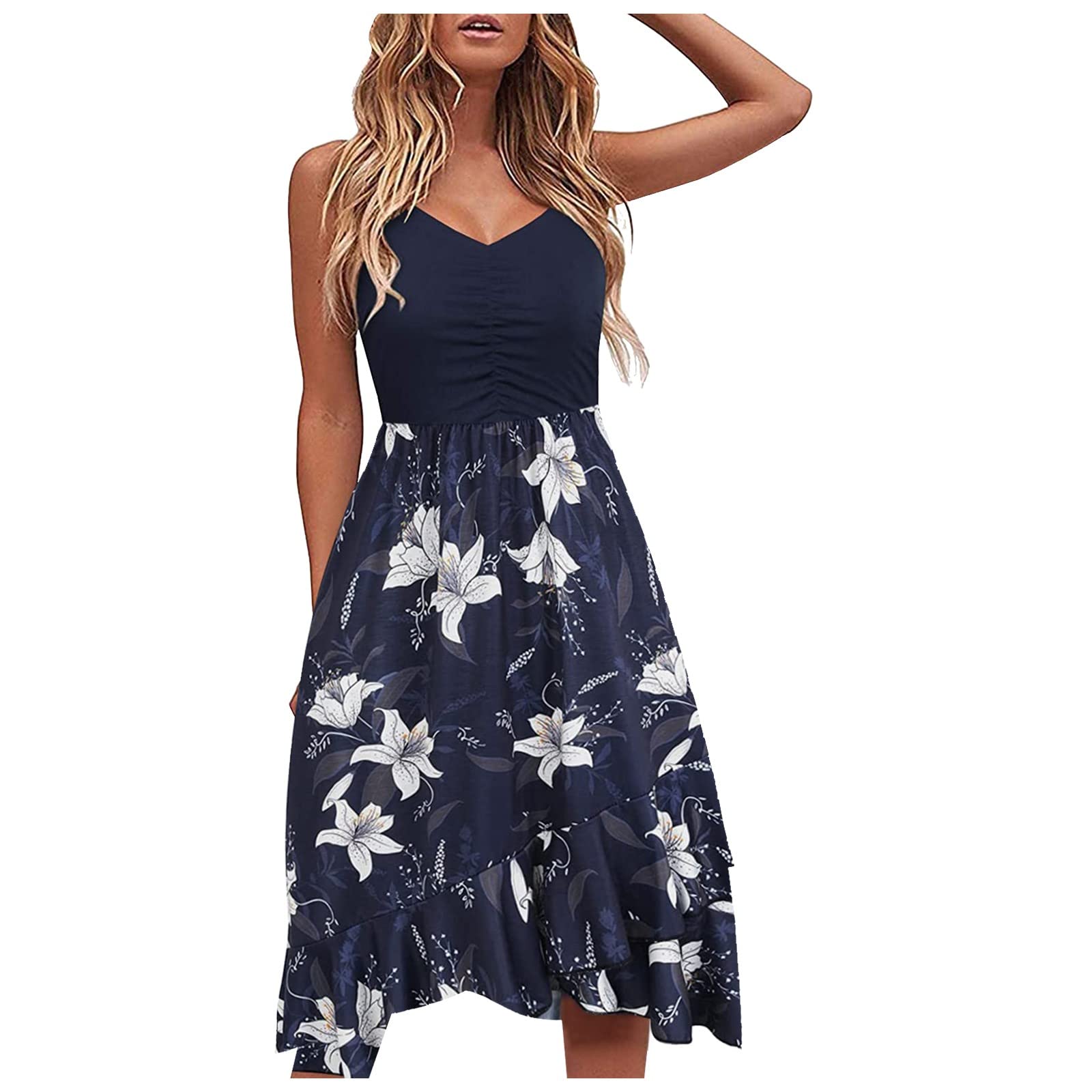 Women's Flowy Midi Summer Dress - Printed A-Line V-Neck Spaghetti Strap Smocked Cami Dress for Casual Wear & Beach Parties | Lightweight Comfortable Party Dress for Women