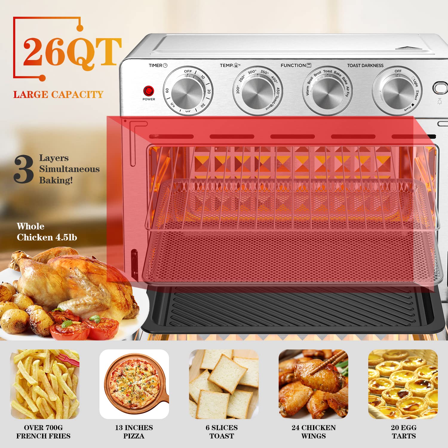 Geek Chef 26 QT Air Fryer Oven - Large Capacity Toaster Oven with Bake, Roast & Pizza Functions | 6-Slice Toaster | Stainless Steel Design | Easy to Use & Clean | Perfect for Family Cooking, Meal Prep & Healthy Air Frying