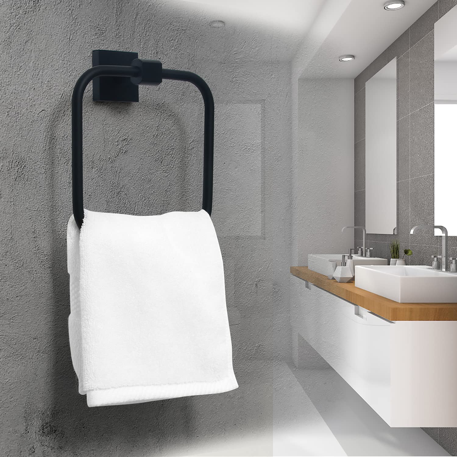 Stainless Steel Square Hand Towel Ring - Modern Matte Black Wall Mounted Bathroom Towel Holder for Kitchen & Guest Room - Durable & Stylish Home Decor Accessory