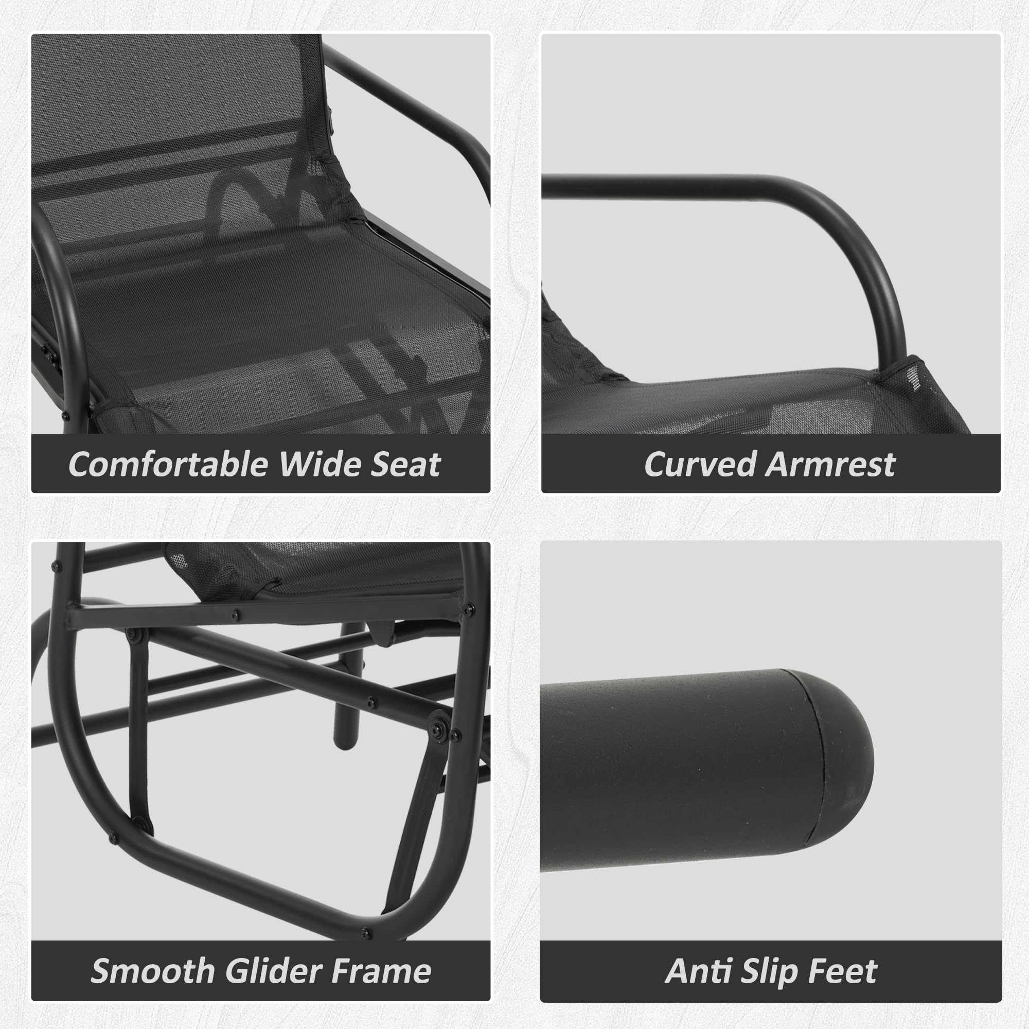 2-Piece Outdoor Patio Glider Chair Set - Durable Metal Frame with Breathable Mesh Fabric - Perfect for Backyard, Garden, Porch & Deck Relaxation - Black Swing Rocking Chairs for Comfortable Lounging