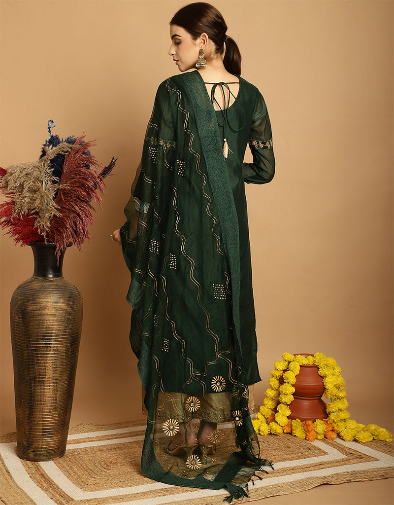 Elegant Bottle Green Chanderi Designer Top & Bottom Dupatta Set with Camel Taffeta - Stylish Indian Ethnic Wear for Parties, Weddings & Festive Occasions