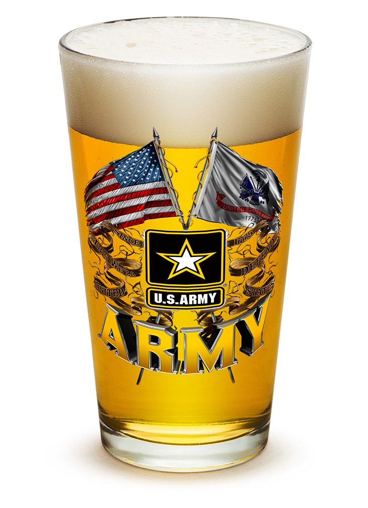 Premium 16oz US Army Double Flag Beer Pint Glasses - Set of 12 Highball Cocktail Mixing Glasses with Logo - Perfect for Cold Beverages, Parties, Bars & Military Themed Events