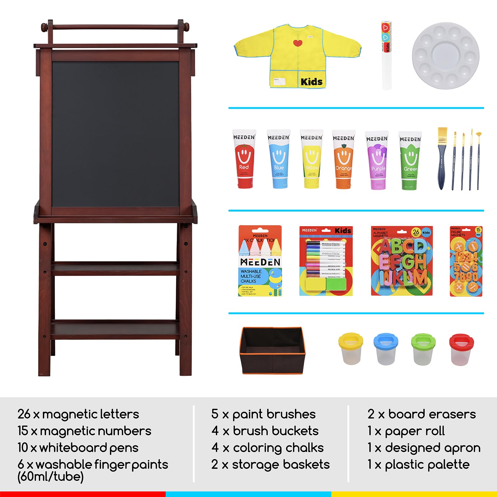 MEEDEN Double-Sided Kids Art Easel - Solid Pine Wood Standing Easel with Chalkboard, Magnetic Whiteboard & Paper Roll - Adjustable Height Children's Drawing Board for Home, School & Creative Play