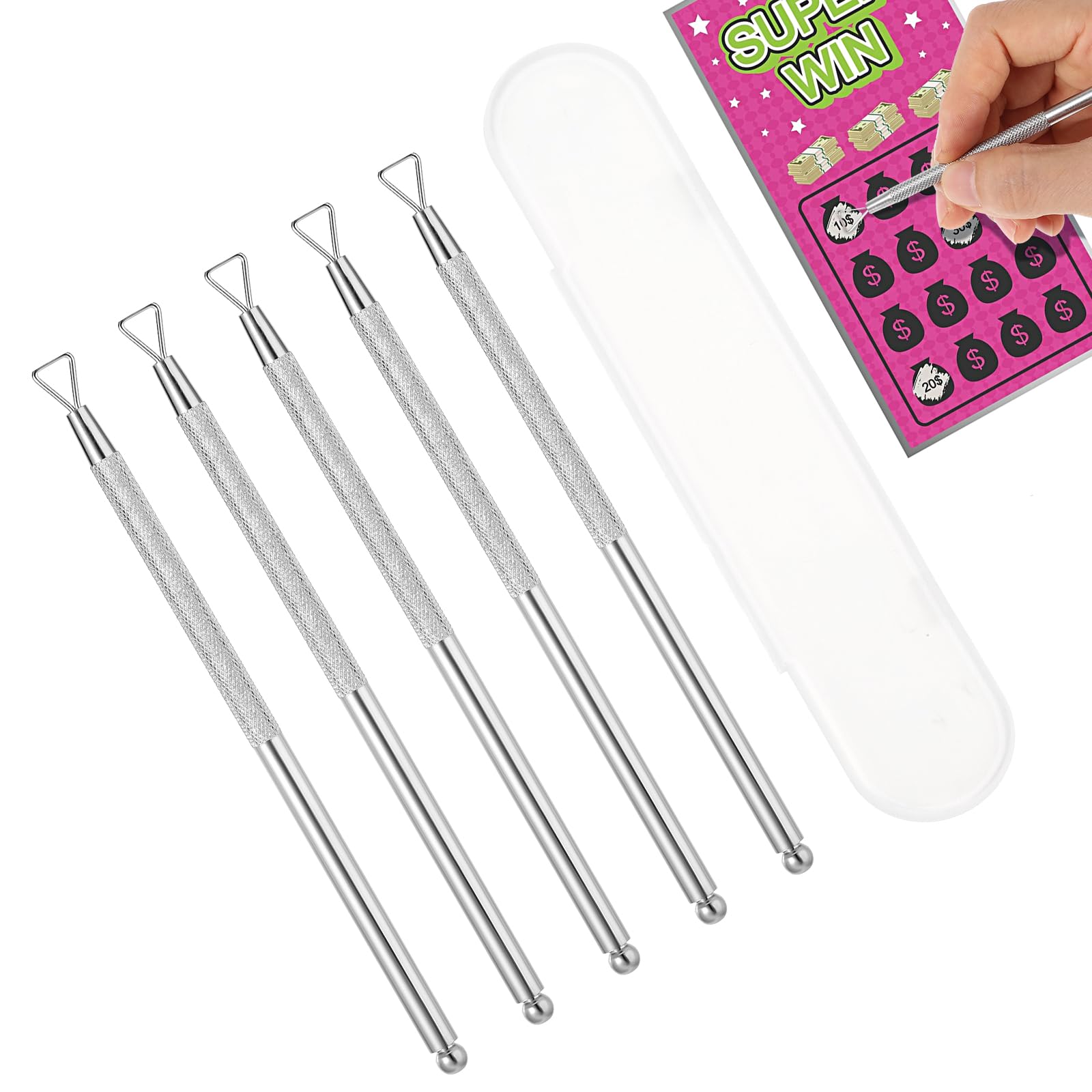 5PCS Silver Metal Lottery Ticket Scratcher Tool - Multi-Use Lotto Scratch Off Aid for Tickets, Stickers & Labels - Ergonomic Design Saves Arthritic Hands - Perfect for Revealing Films & Flawless Results - Great for Casino Nights, Gift Cards & DIY Crafts