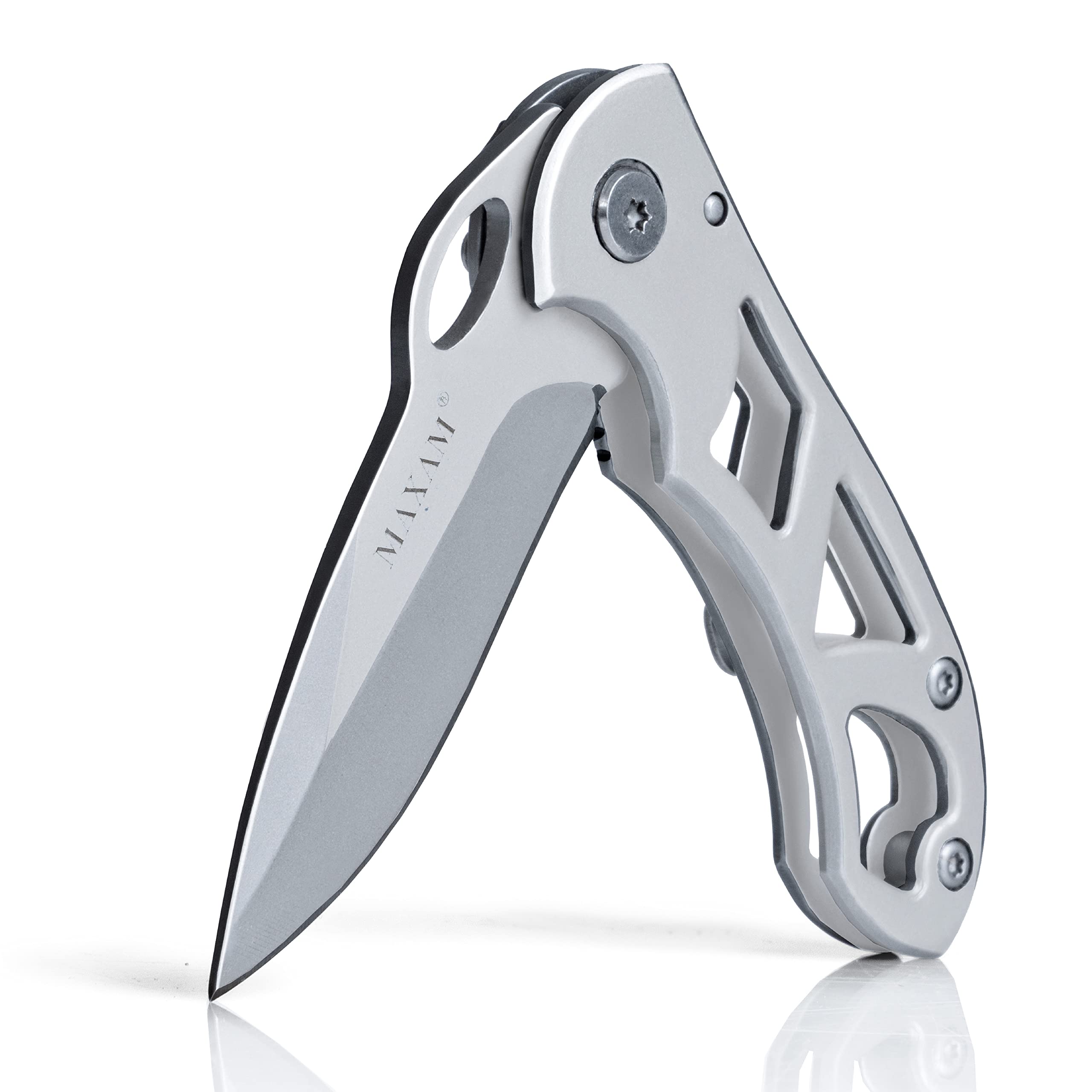Maxam Folding Pocket Knife - Stainless Steel Blade & Handle with Secure Frame Lock - Compact Tactical EDC Knife with Clip for Camping, Hiking & Everyday Carry