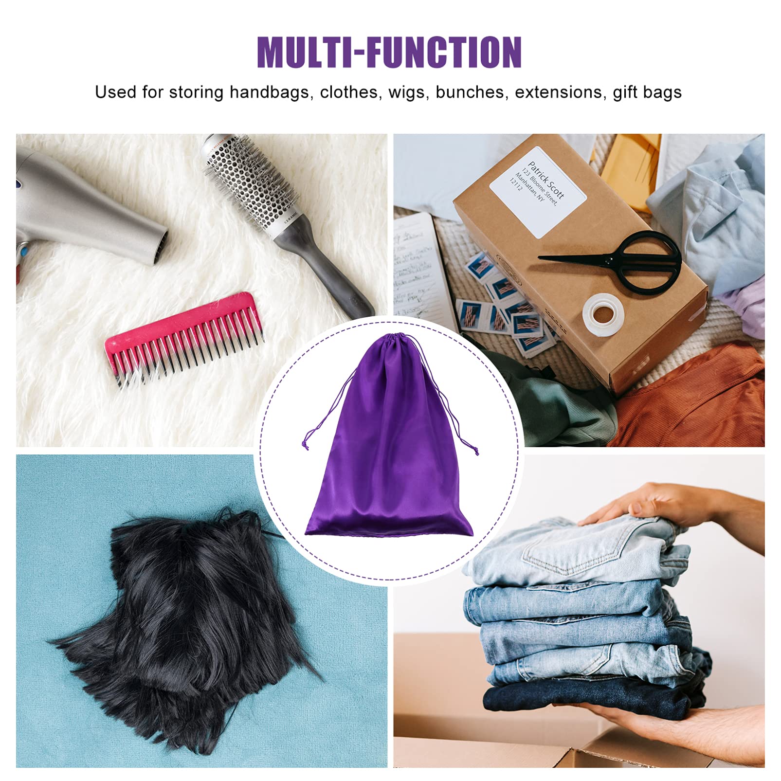 Beaupretty 10 Pack Satin Wig Storage Bags - Soft Silky Hair Organizer Pouches for Wigs, Extensions & Hair Tools - Travel & Home Use - Purple