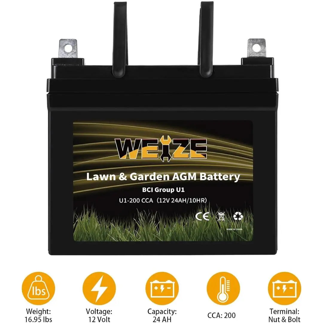 WEIZE AGM 12V 200CCA BCI Group U1 SLA Starting Battery - Compatible with John Deere, Toro, Cub Cadet & Craftsman Lawn Tractors & Mowers - Perfect for Lawn Care, Gardening & Outdoor Power Equipment
