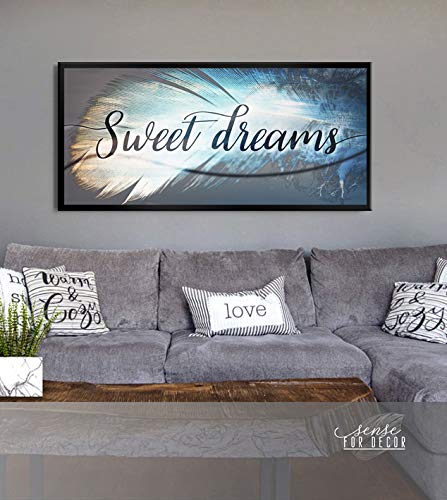 Feather Sweet Dreams Wall Art - Large Framed Canvas Print for Master Bedroom Decor, Above Bed Wall Decor (Black Floating Frame 42x19) - Perfect for Home, Office & Nursery Decoration