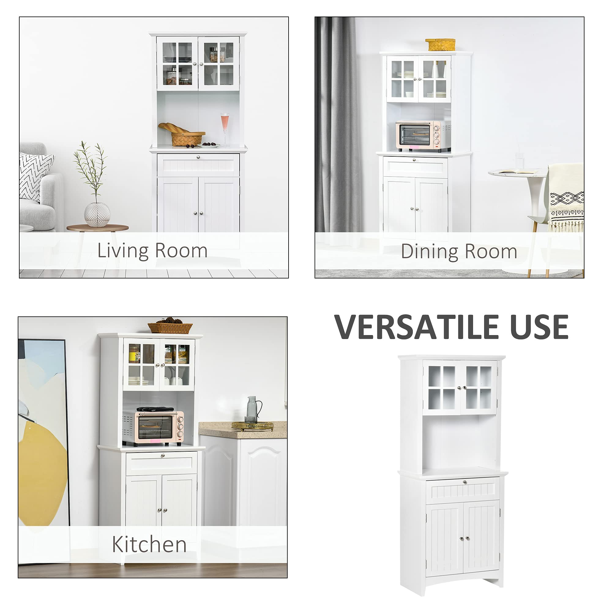 HOMCOM Wooden Kitchen Cupboard with Glass Door & Drawer - Microwave Storage Cabinet for Dining Room & Living Room - White - Perfect for Small Space Organization & Home Decor