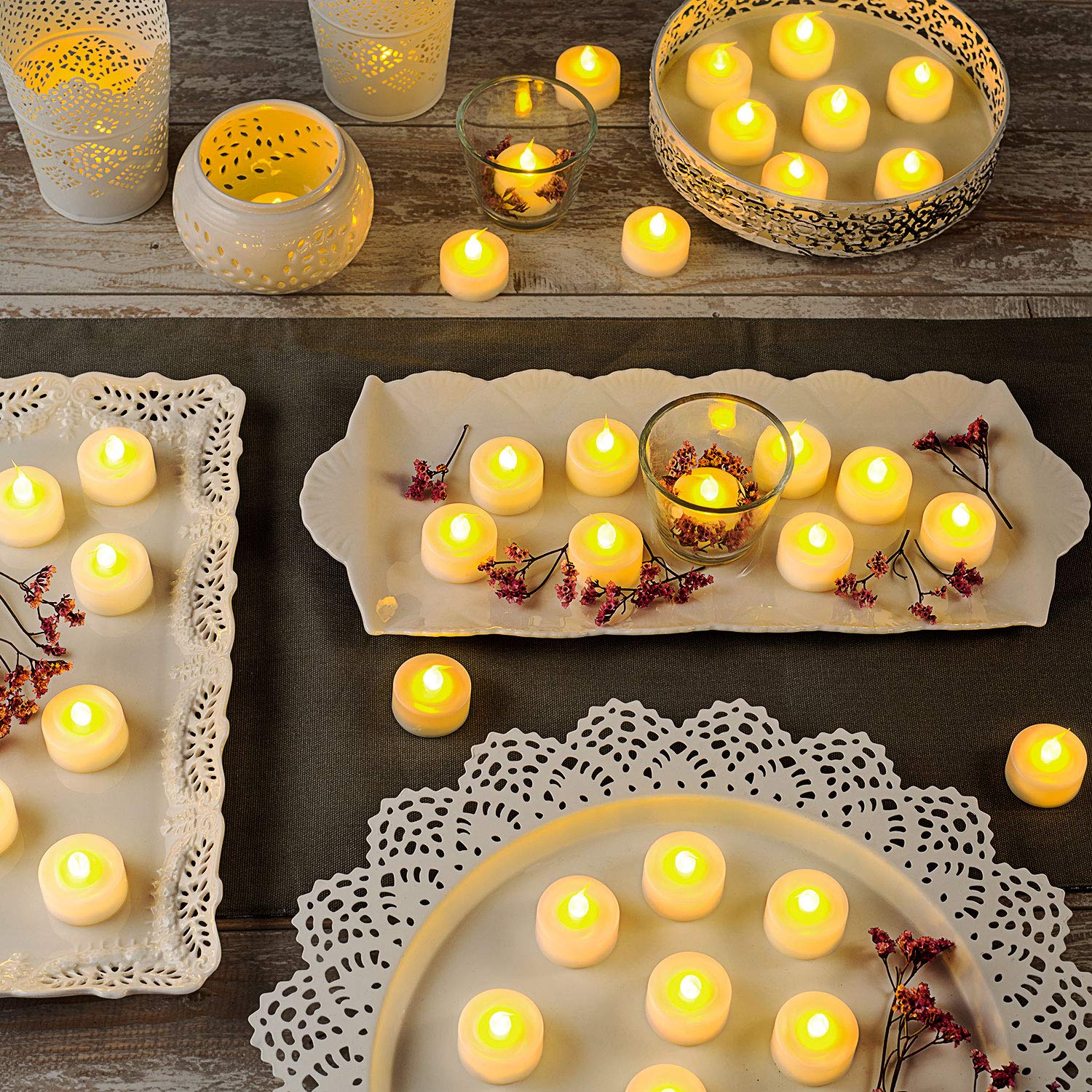 Flameless LED Tea Lights - Pack of 100 Realistic Flickering Amber Candles with White Resin Base | Battery Operated Decorative Lights for Weddings, Parties, Home Decor, Indoor & Outdoor Use