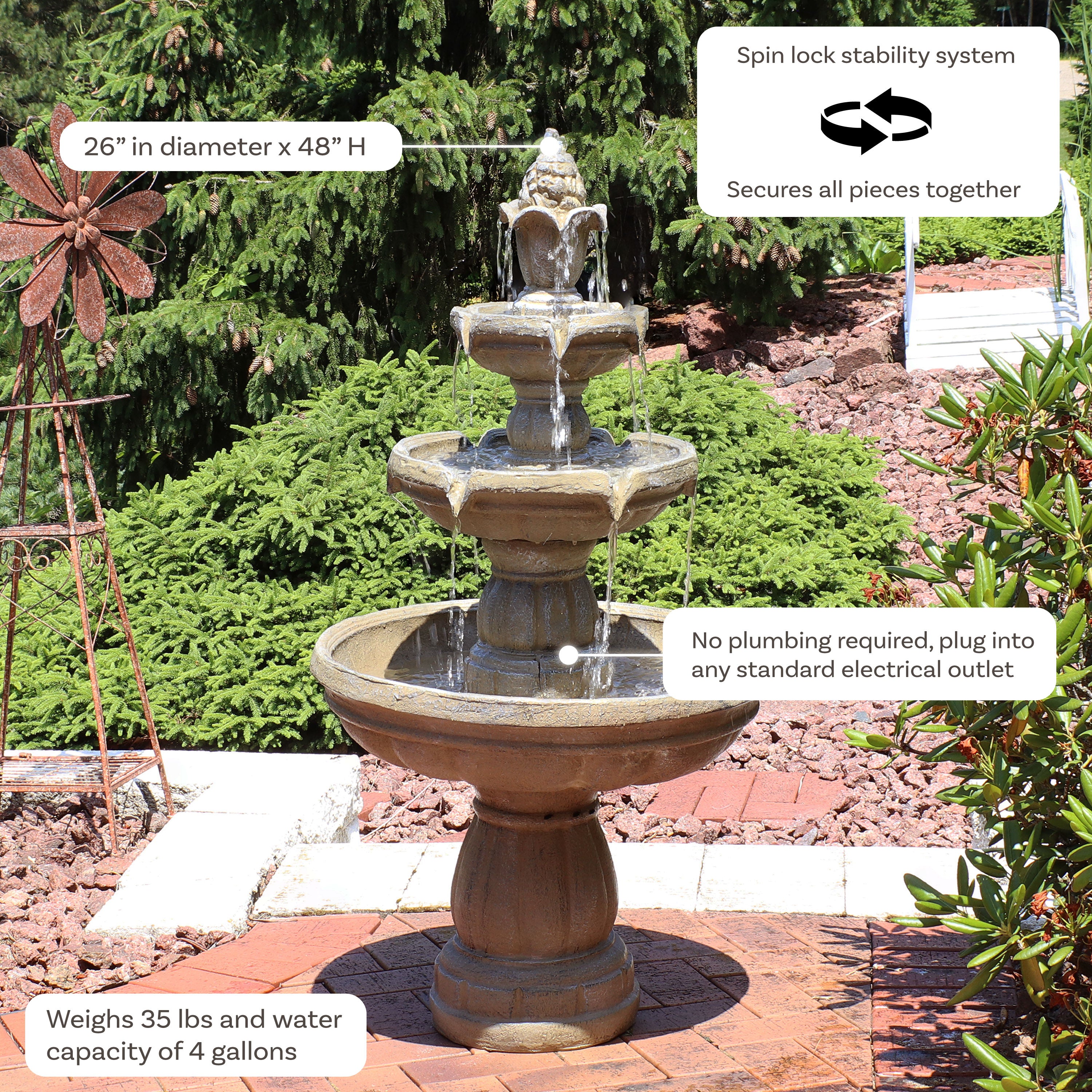 Sunnydaze 3 Tier Outdoor Water Fountain with Pump - 48 Inch Tall Garden Decor for Patio, Yard & Landscape - Relaxing Water Feature for Backyard, Deck, or Porch