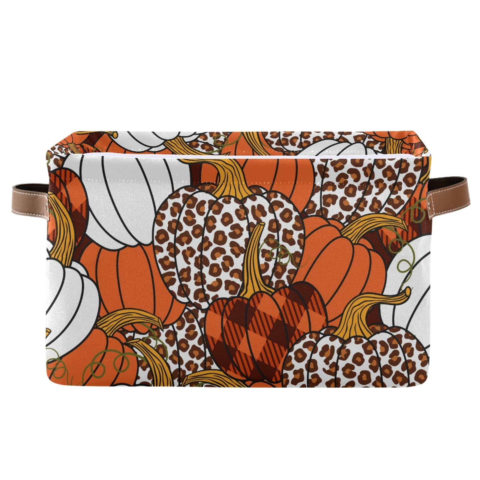 Susiyo Large Foldable Storage Bin - Leopard Orange Pumpkins Fabric Collapsible Basket with PU Handles | Decorative Organizing Bin for Shelves, Closet, Bedroom & Living Room | Perfect for Home Organization, Seasonal Decor & Space Saving (1 Pack)